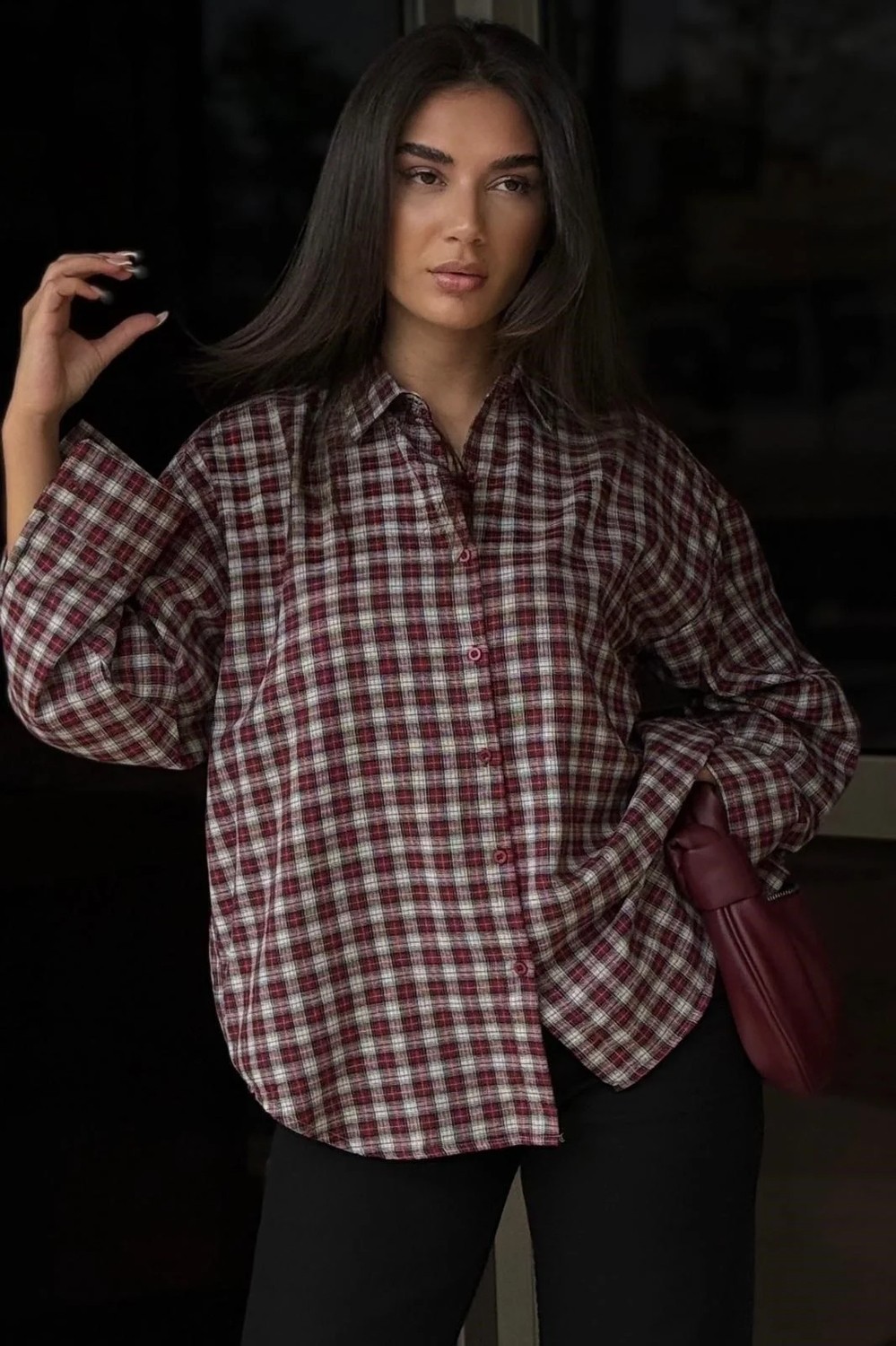 Madmext Lacivert Oversize Kareli Kadın Gömlek MG2822