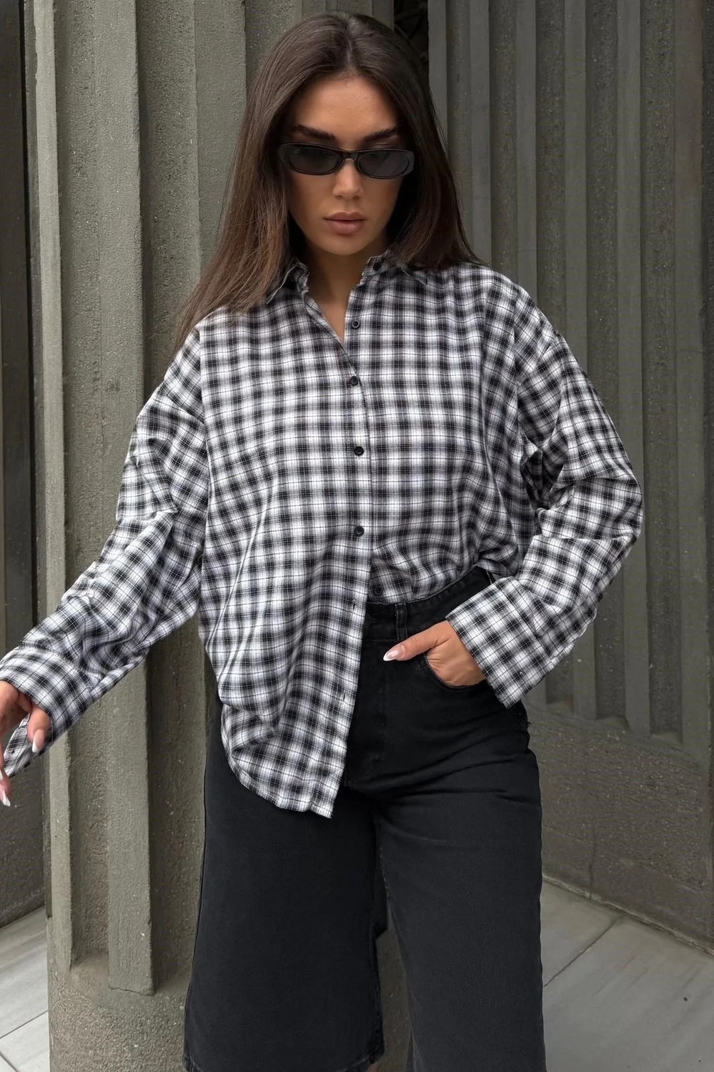 Madmext Lacivert Oversize Kareli Kadın Gömlek MG2822