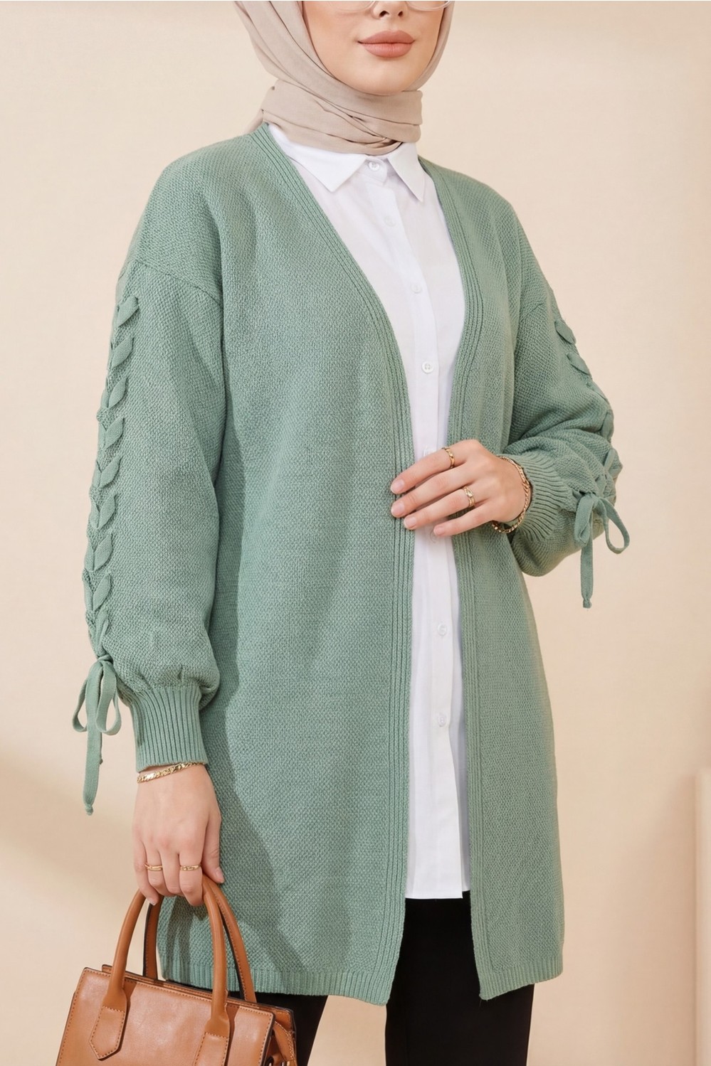 Moda Morfo Kolu Saç Örgülü Salaş Triko Hırka -Krem görsel 8