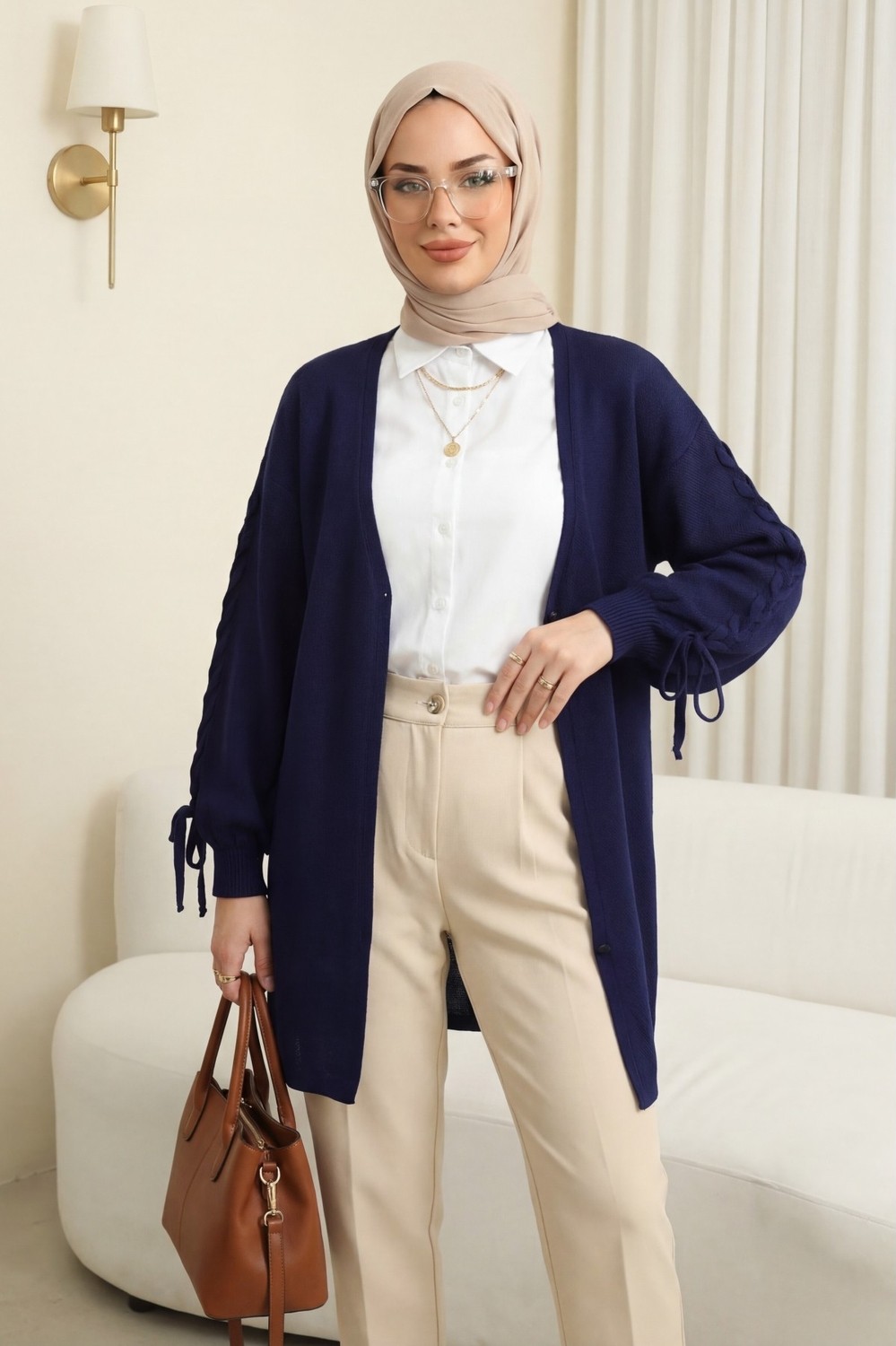 Moda Morfo Kolu Saç Örgülü Salaş Triko Hırka -Krem