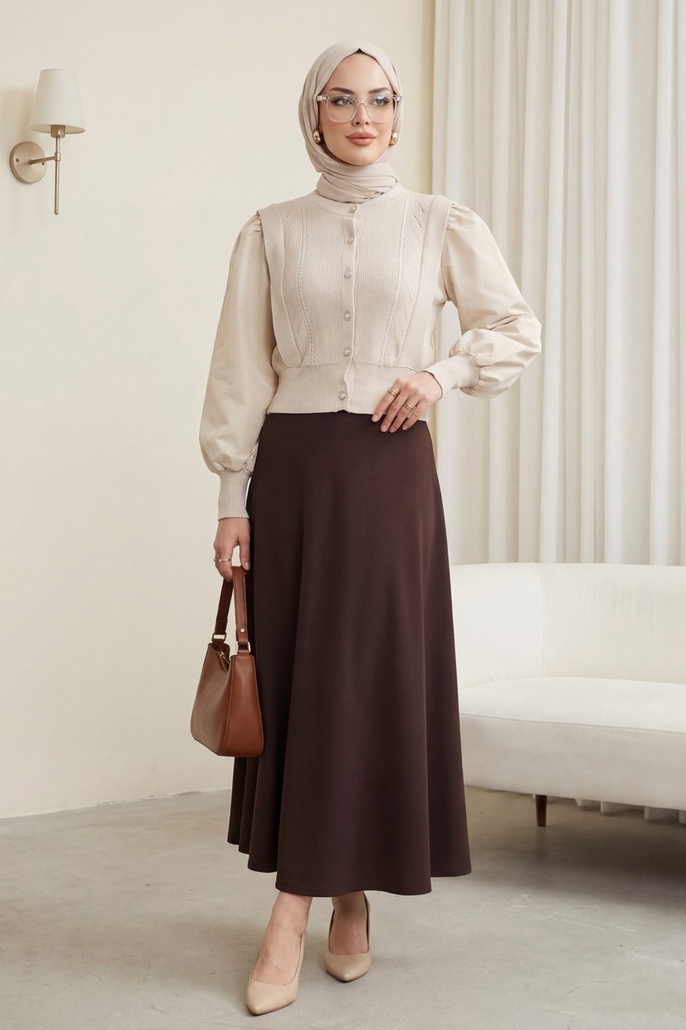 Moda Morfo Poplin Kol Detaylı Düğmeli Triko Hırka -Taş görsel 2