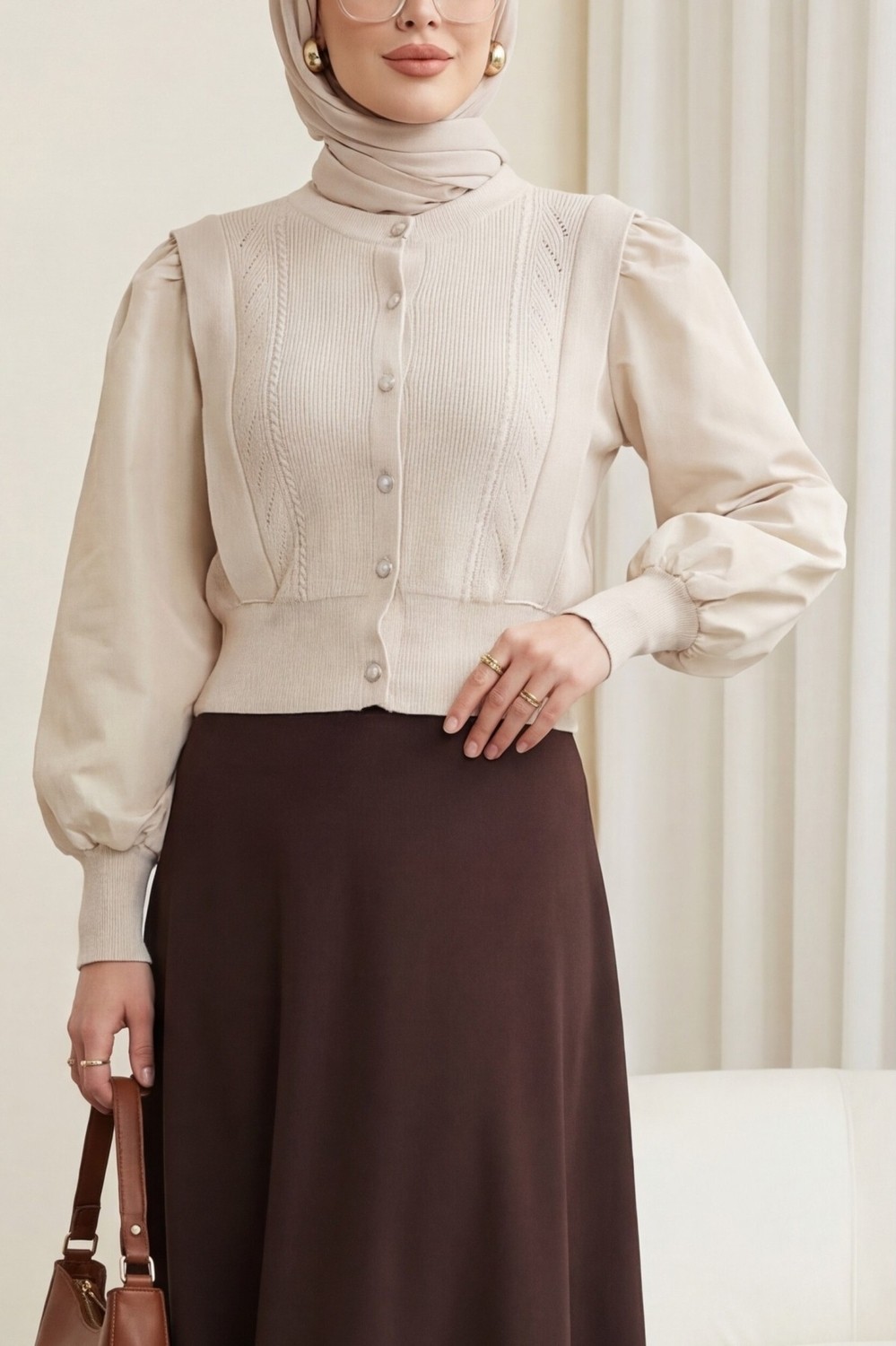 Moda Morfo Poplin Kol Detaylı Düğmeli Triko Hırka -Taş görsel 3