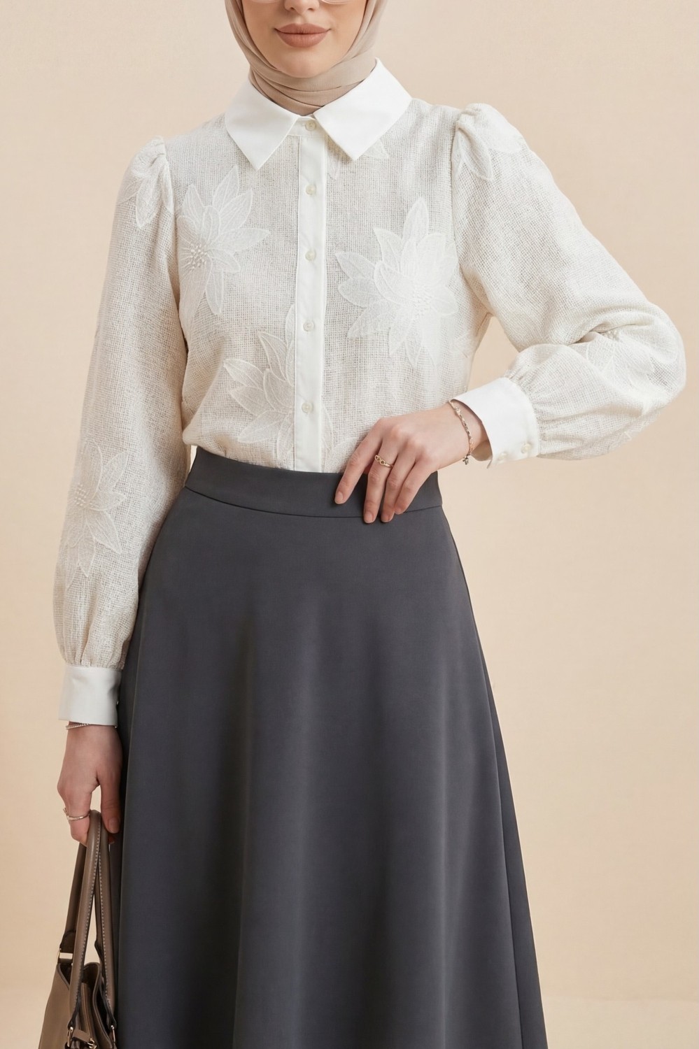 Moda Morfo Karpuz Kol Çiçek Nakışlı Etamin Gömlek -Krem