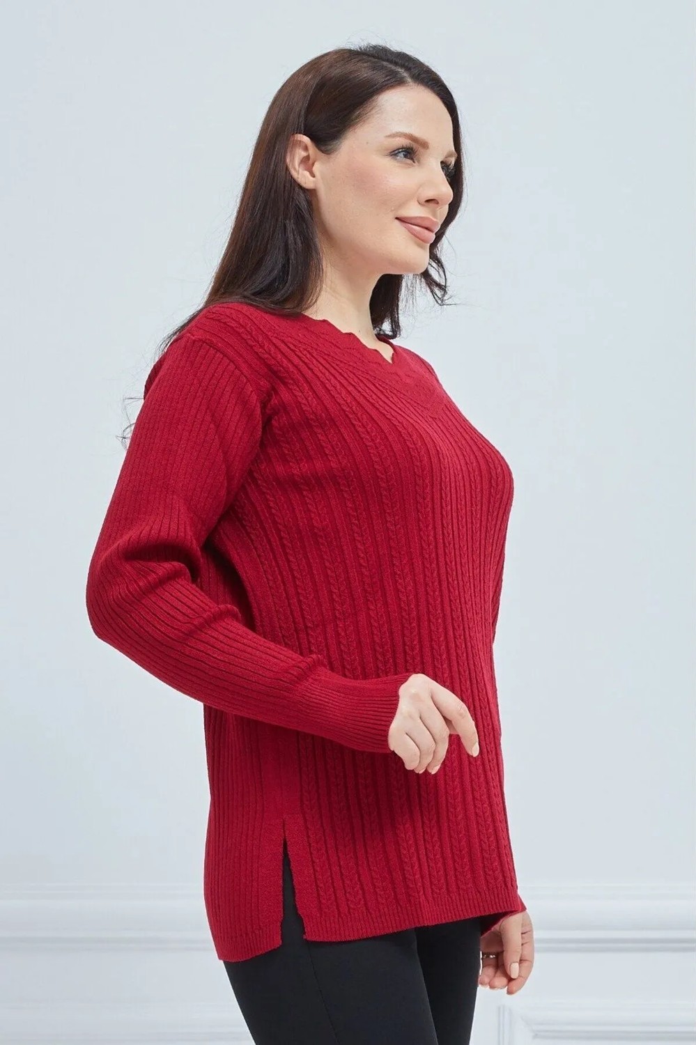 Fresh Moda Kadın Kırmızı Triko Esnek V Yaka Kışlık Anne Kazak Rahat Kalıp Özelliğiyle görsel 4