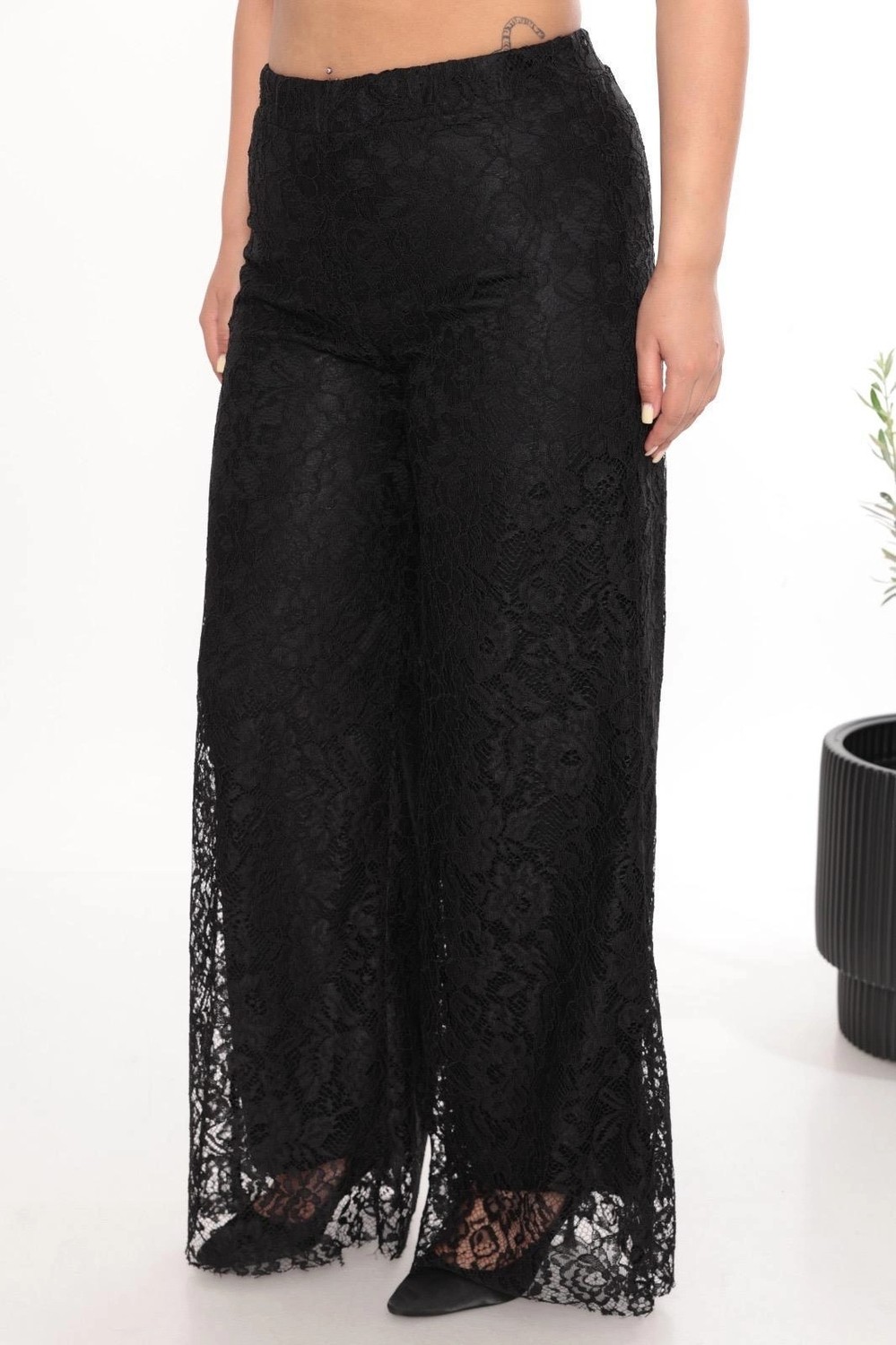 Lady Majestic Dantelli Palazzo Beli Lastikli Astarlı Pantolon Şık ve Rahat Tasarım Büyük Beden görsel 7