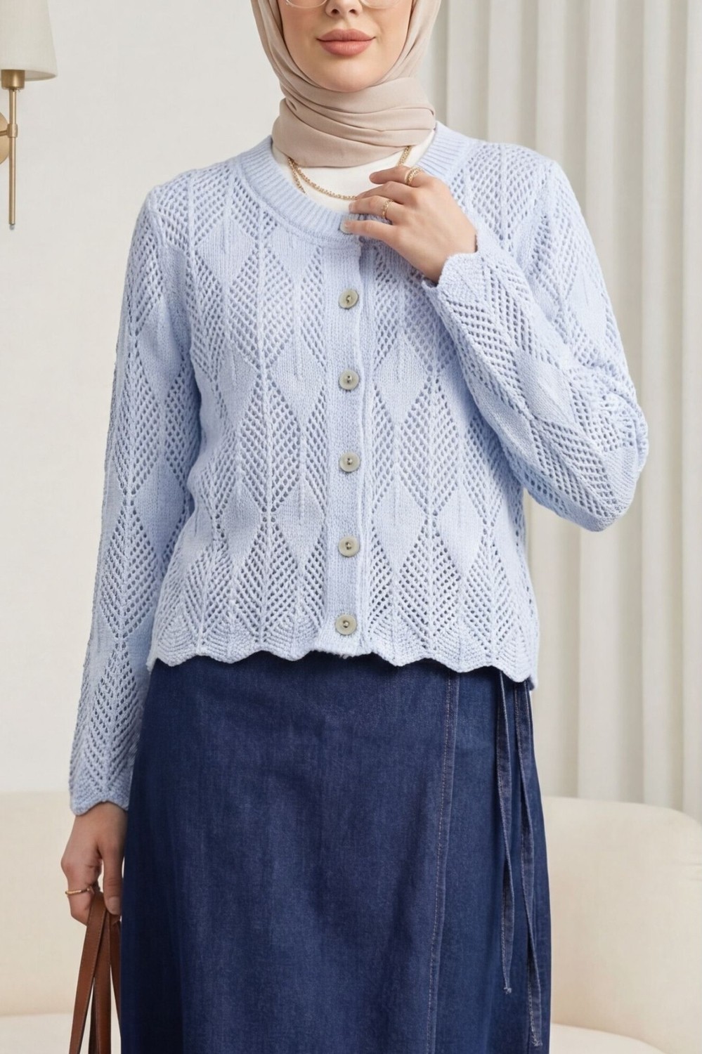 Moda Morfo Yaprak Desenli Ajurlu Triko Hırka -Siyah