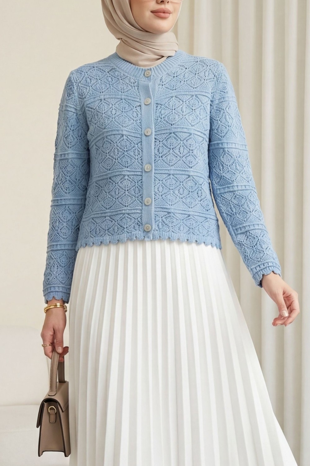 Moda Morfo Düğmeli Desenli Ajurlu Triko Hırka -Siyah