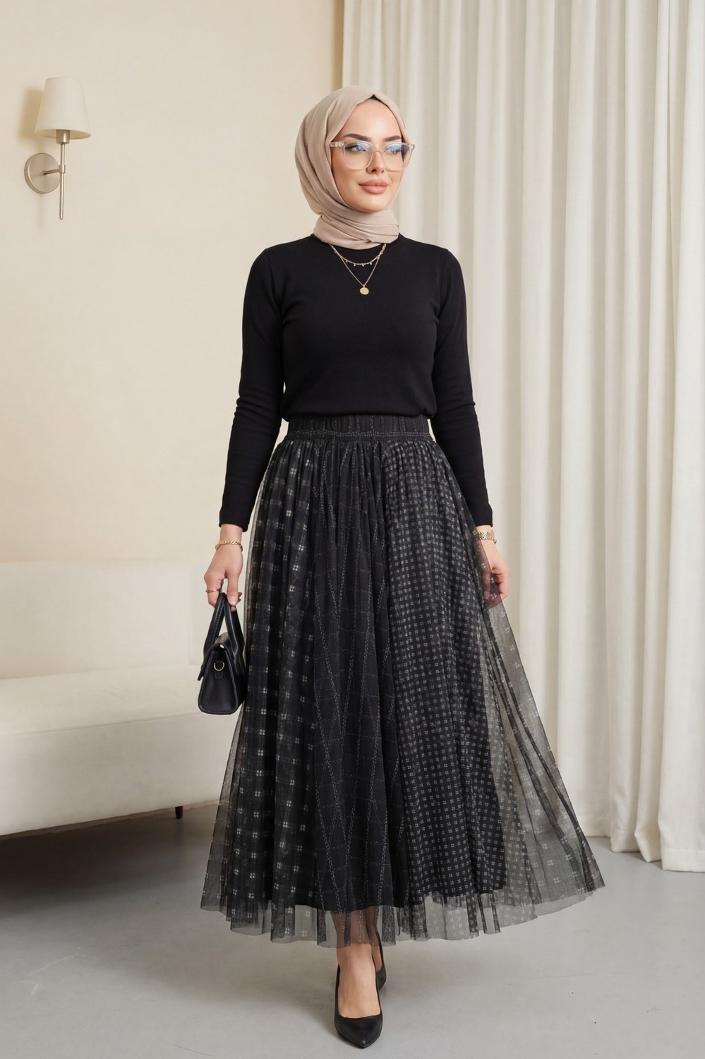 Moda Morfo Kare Desen Beli Lastikli Astarlı Tül Etek -Siyah