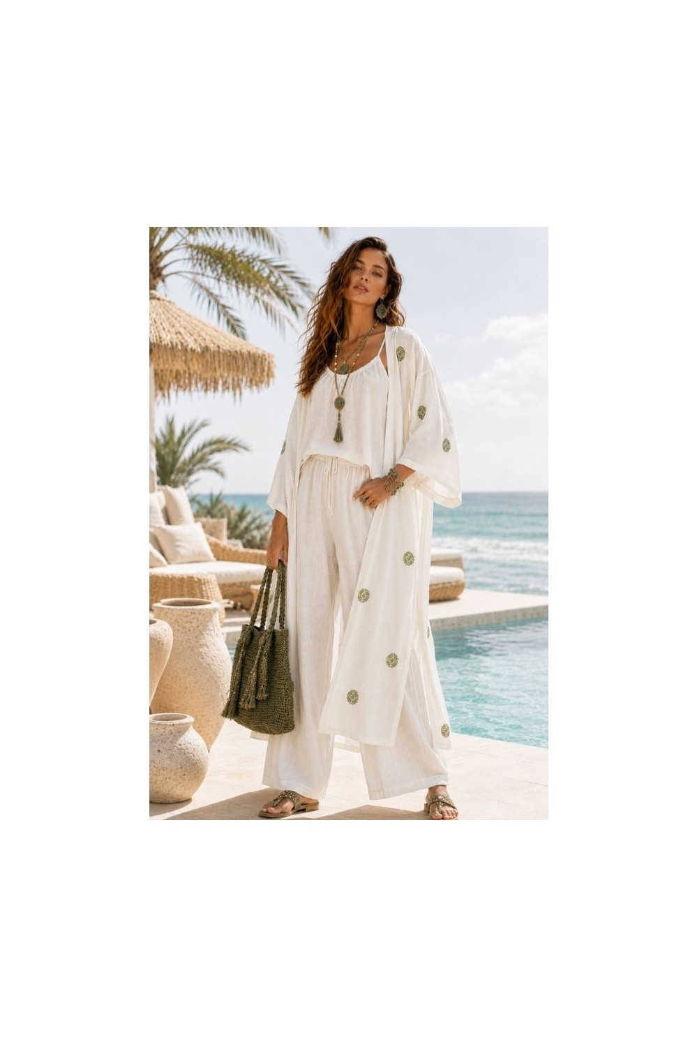 Qymos Prive Ekru Etnik Desenli Uzun Kimono, Keten, Kuşaklı, Yazlık Rahat Şık Yumuşak Dokulu Kimono Kaftan Pareo görsel 3
