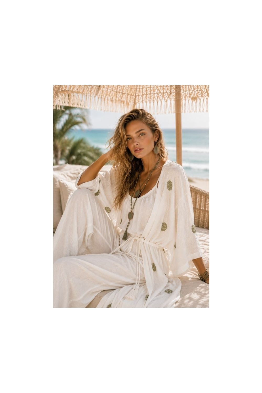 Qymos Prive Ekru Etnik Desenli Uzun Kimono, Keten, Kuşaklı, Yazlık Rahat Şık Yumuşak Dokulu Kimono Kaftan Pareo görsel 6