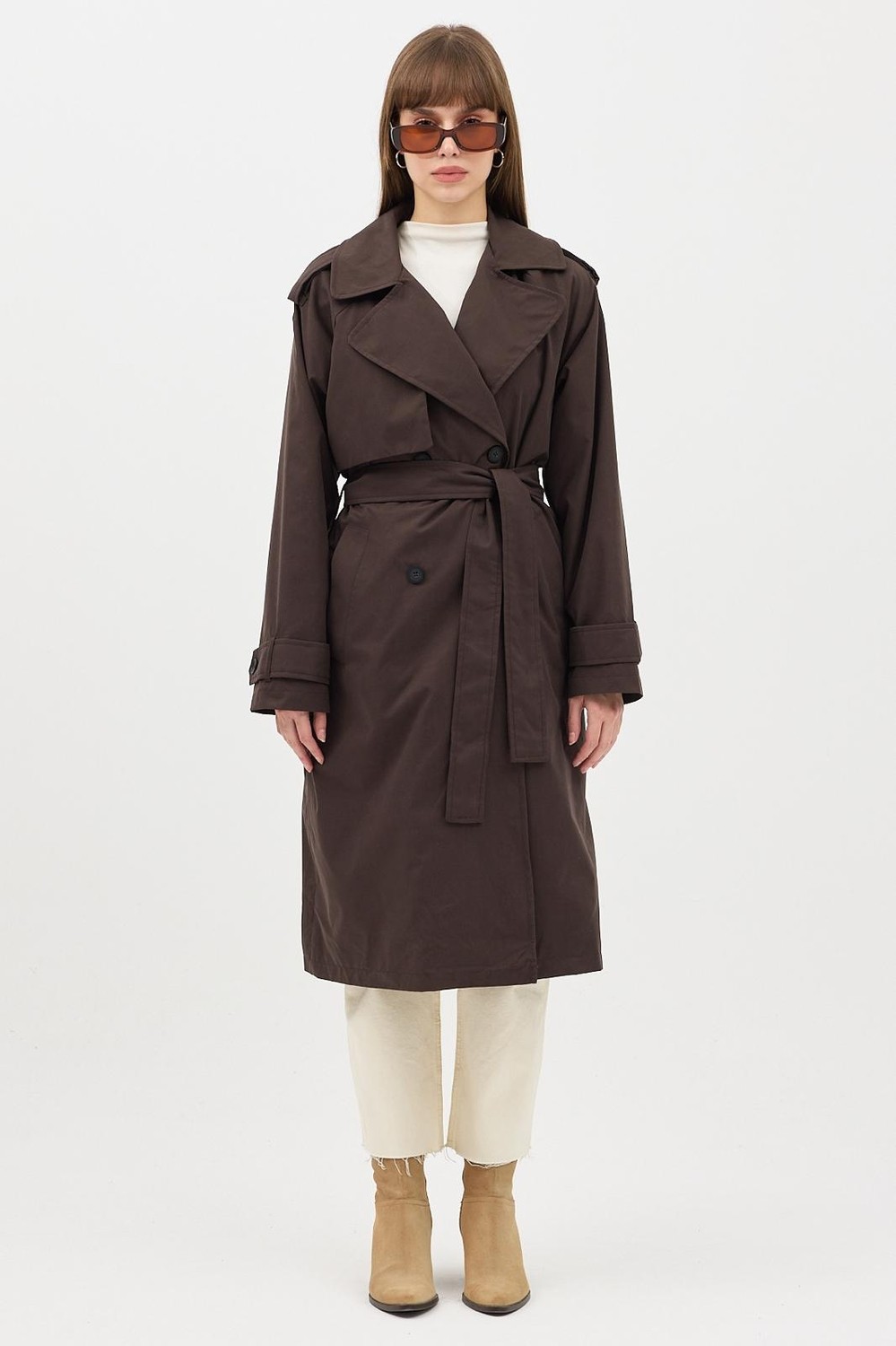 Ressho Kadın Kemerli Uzun Trençkot, Su Geçirmez, Astarlı, Oversize Model