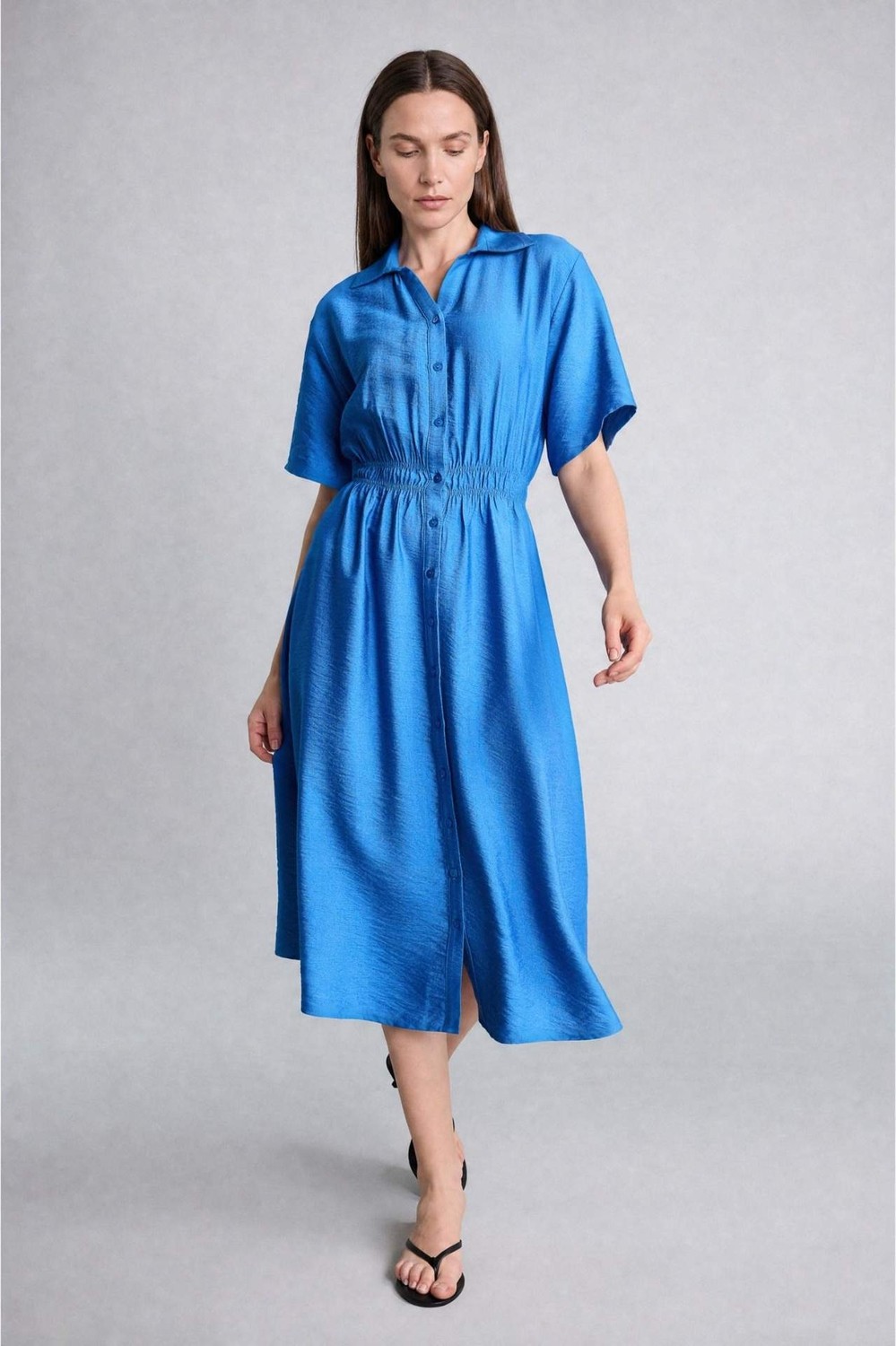 DeFacto Regular Fit Gömlek Yaka Beli Büzgülü Kısa Kollu Midi Elbise H6196AX26HS görsel 3