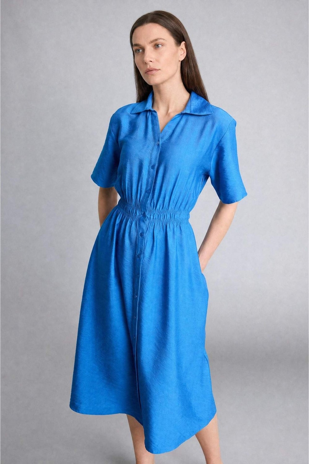 DeFacto Regular Fit Gömlek Yaka Beli Büzgülü Kısa Kollu Midi Elbise H6196AX26HS görsel 5