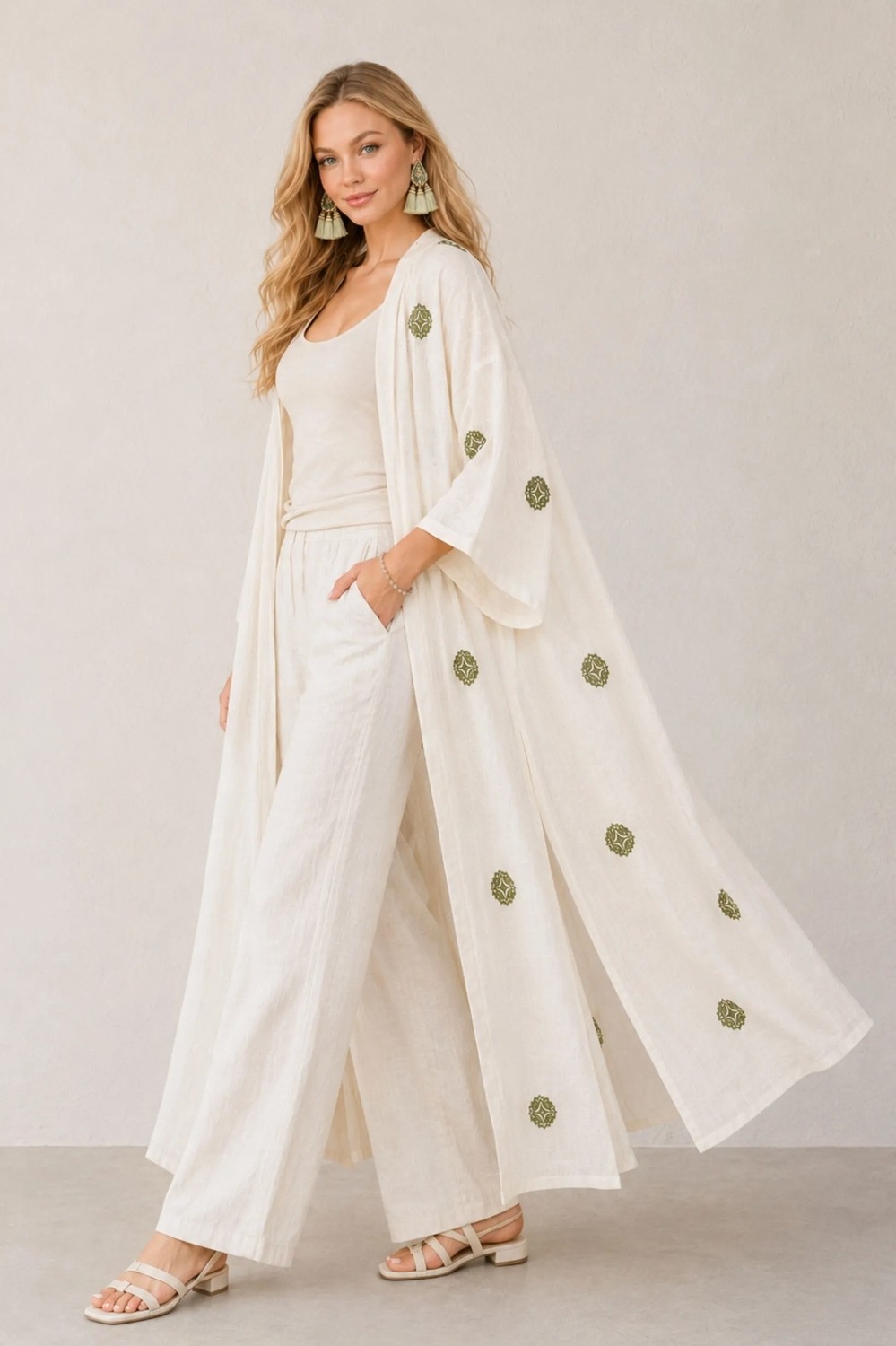 Qymos Prive Ekru Etnik Desenli Uzun Kimono, Keten, Kuşaklı, Yazlık Rahat Şık Yumuşak Dokulu Kimono Kaftan Pareo görsel 2