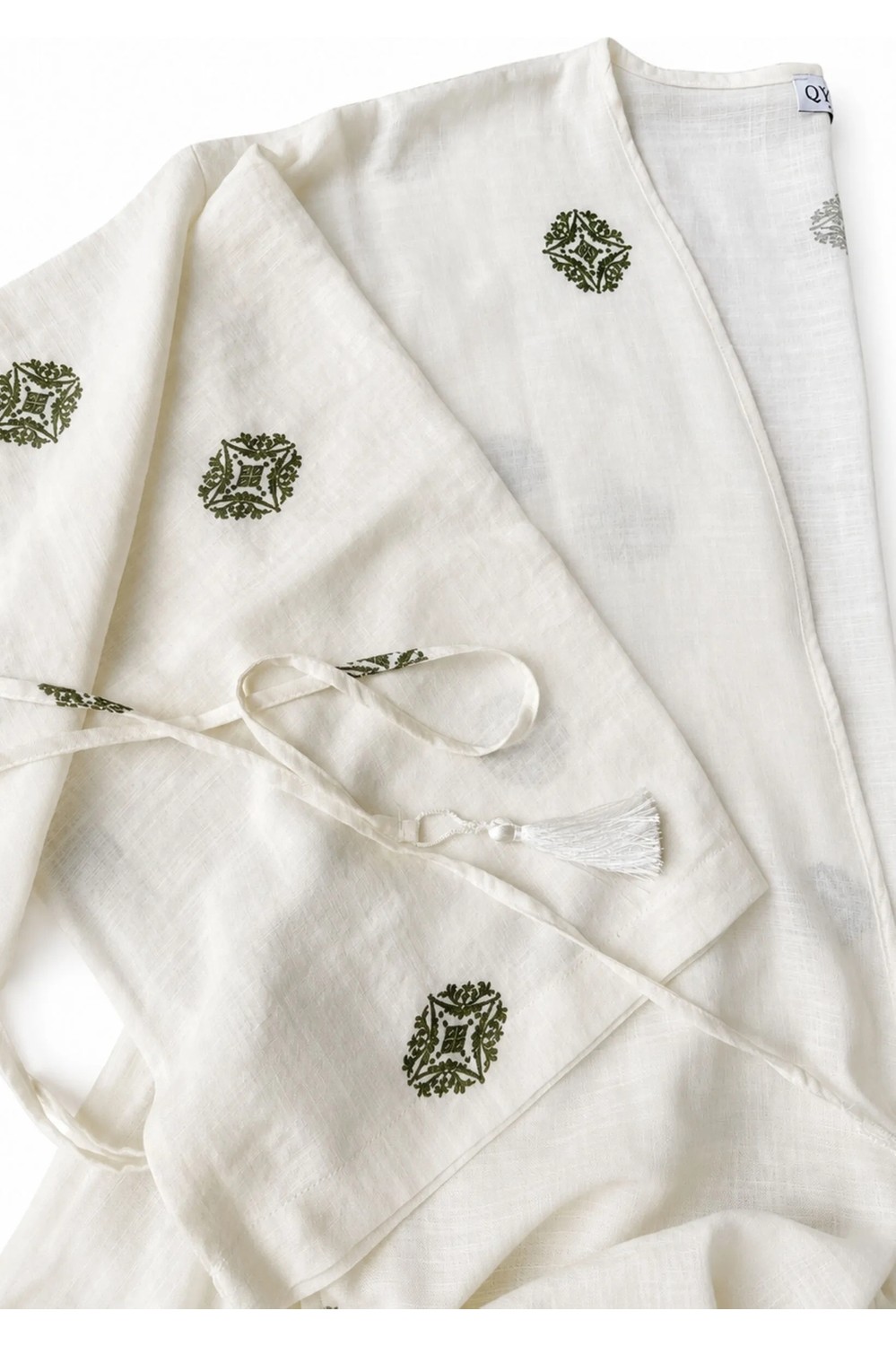 Qymos Prive Ekru Etnik Desenli Uzun Kimono, Keten, Kuşaklı, Yazlık Rahat Şık Yumuşak Dokulu Kimono Kaftan Pareo görsel 4