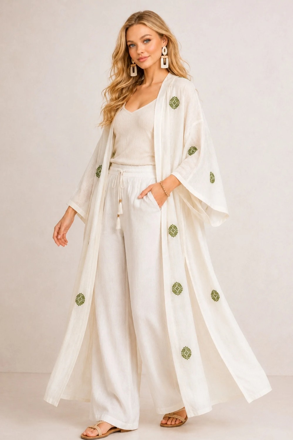 Qymos Prive Ekru Etnik Desenli Uzun Kimono, Keten, Kuşaklı, Yazlık Rahat Şık Yumuşak Dokulu Kimono Kaftan Pareo görsel 7