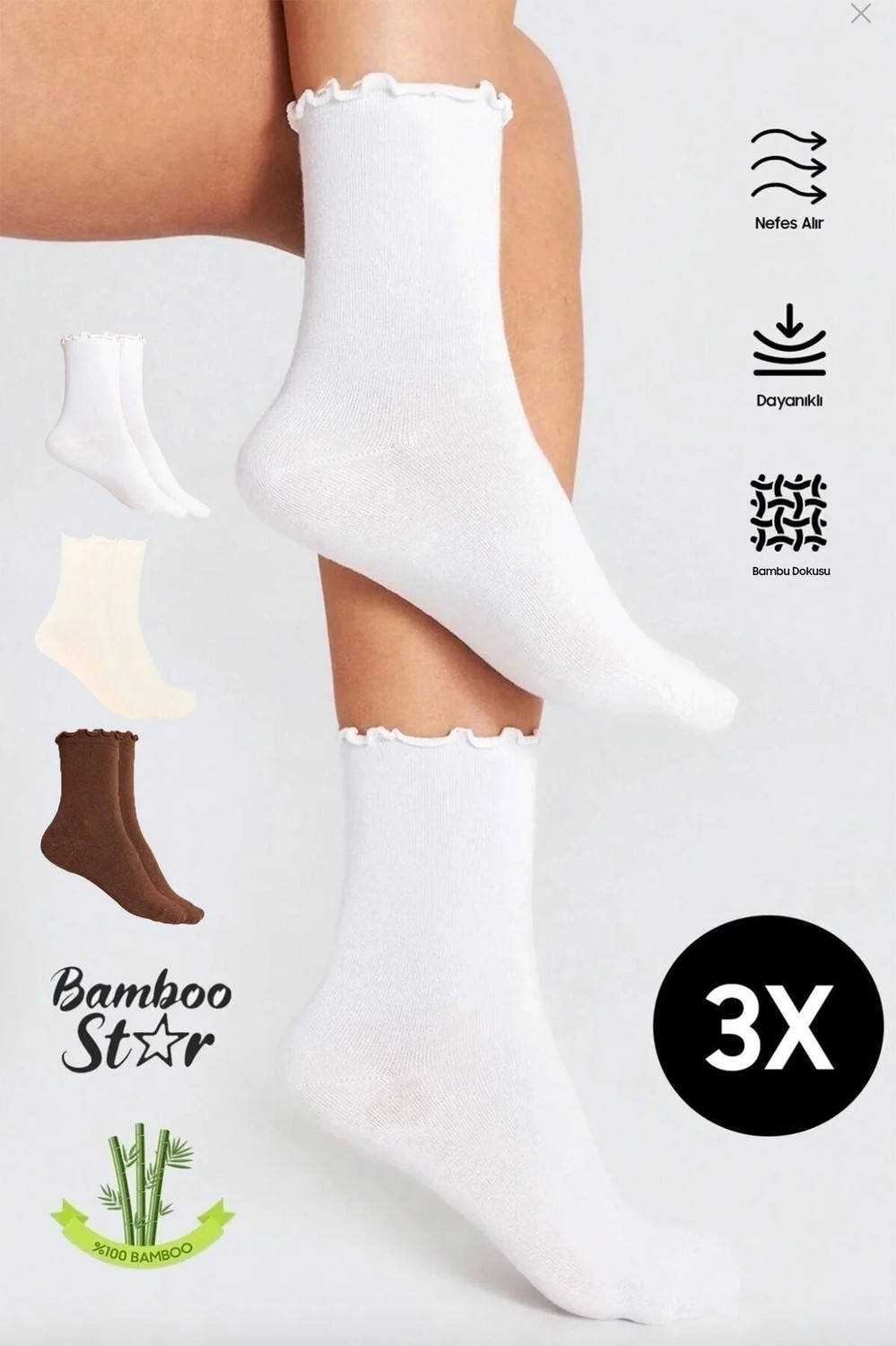 Bamboo Star Bambu Kadın Fırfırlı Lastiksiz Dikişsiz Kadın Soket 3lü Asorti Çorap/iz Bırakmaz Sıkmayan Çorap