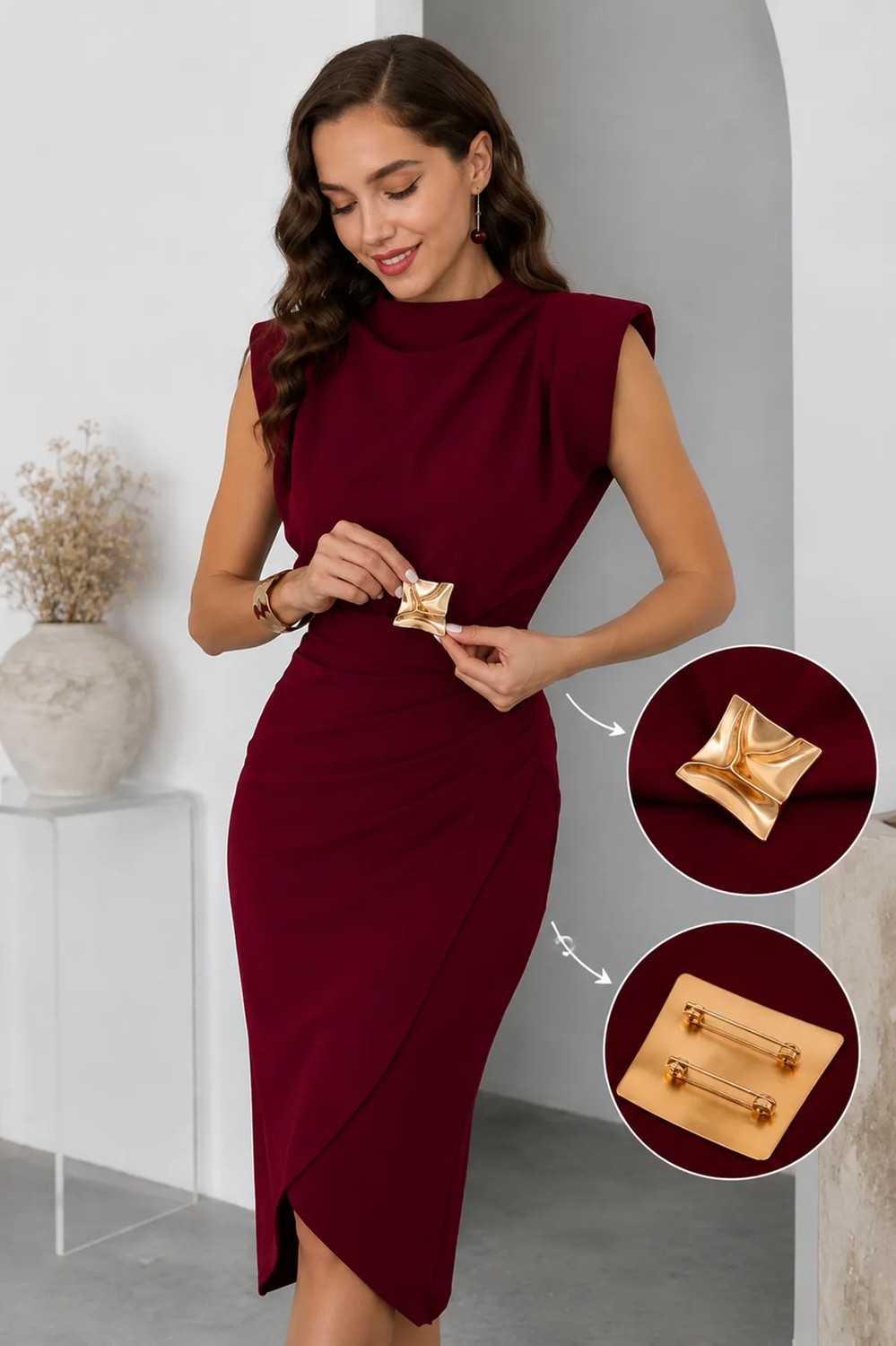 Woman Vision Omuzu Vatkalı Anvelop Kesim Gold Aksesuarlı Midi Boy Kolsuz Bordo Abiye Elbise 4409 görsel 2