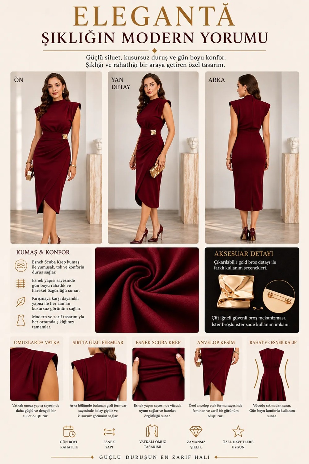 Woman Vision Omuzu Vatkalı Anvelop Kesim Gold Aksesuarlı Midi Boy Kolsuz Bordo Abiye Elbise 4409 görsel 3