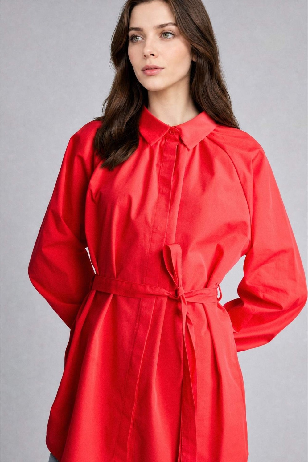 DeFacto %100 Pamuk Relax Fit Poplin Uzun Kollu Kırmızı Tunik G7704AX26SP