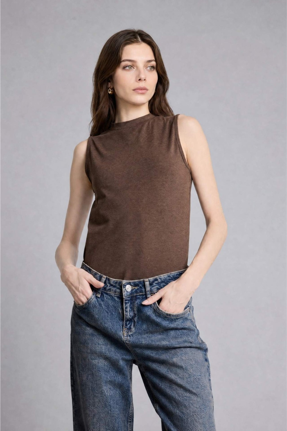 DeFacto Slim Fit Yarım Balıkçı Yaka Penye Açık Kahverengi Atlet H8040AX26SM