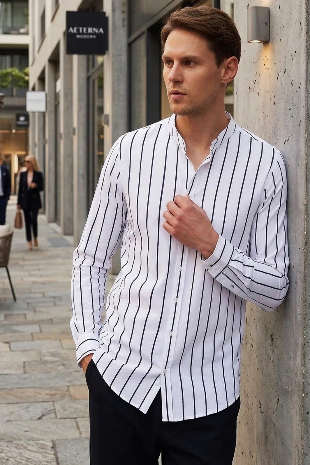 Tudors Slim Fit Uzun Kollu Hakim Yaka Pamuklu Kolay Ütü Çizgili Erkek Beyaz Gömlek