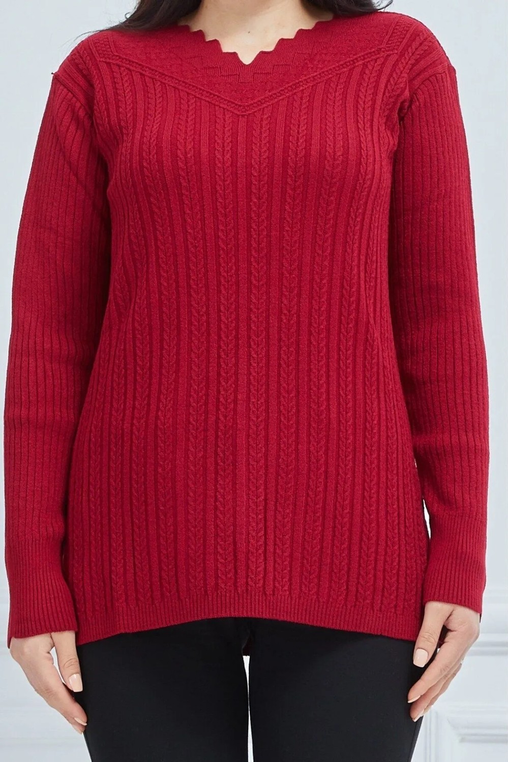 Fresh Moda Kadın Kırmızı Triko Esnek V Yaka Kışlık Anne Kazak görsel 7