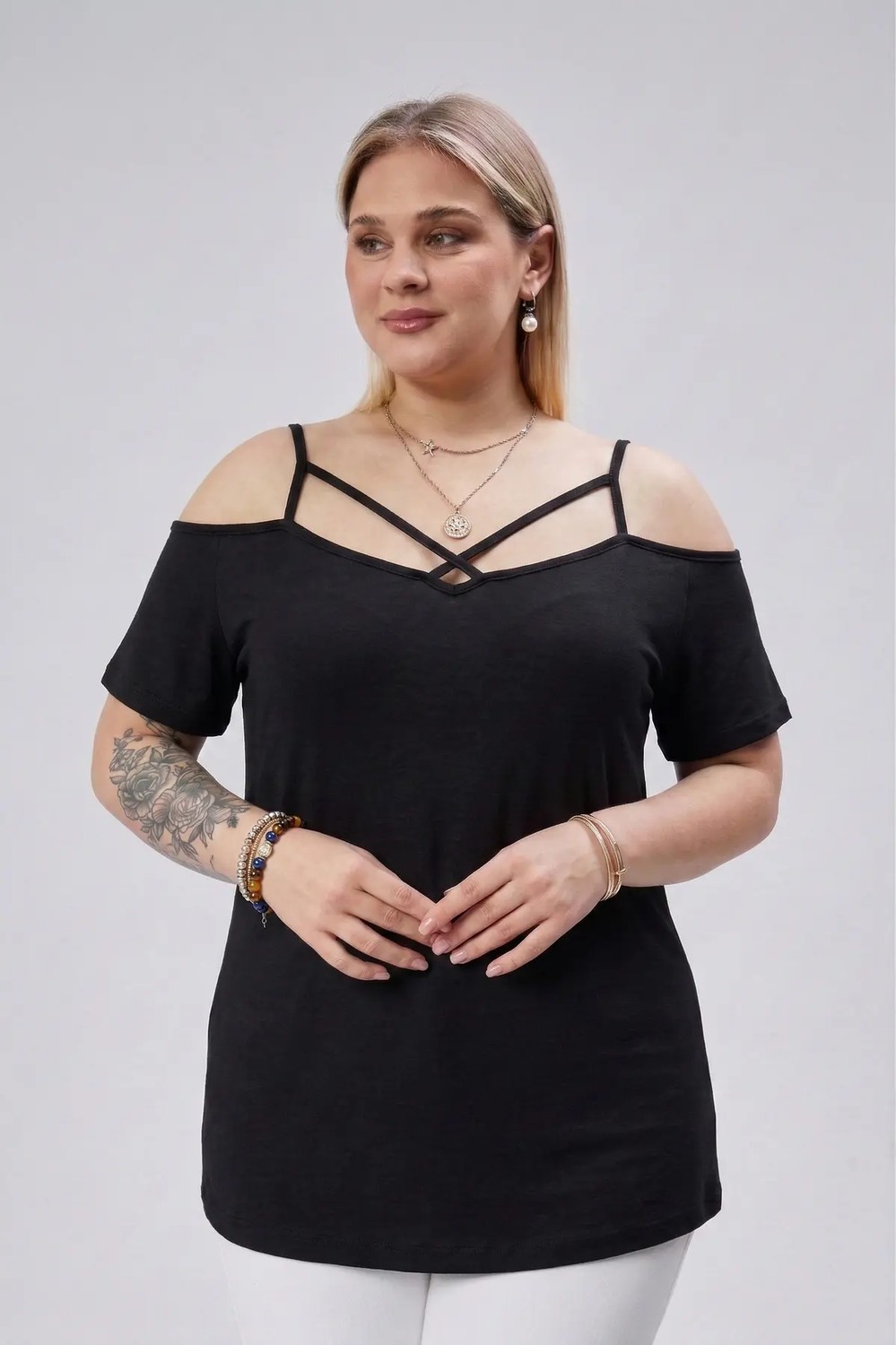 Curvy Trend Büyük Beden Çapraz Biye Askılı Bluz