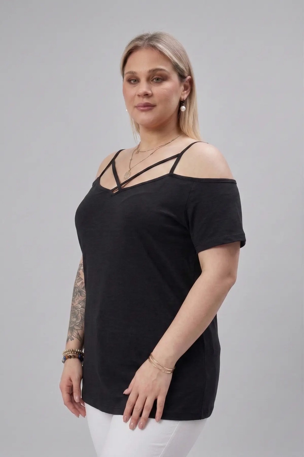 Curvy Trend Büyük Beden Çapraz Biye Askılı Bluz görsel 2