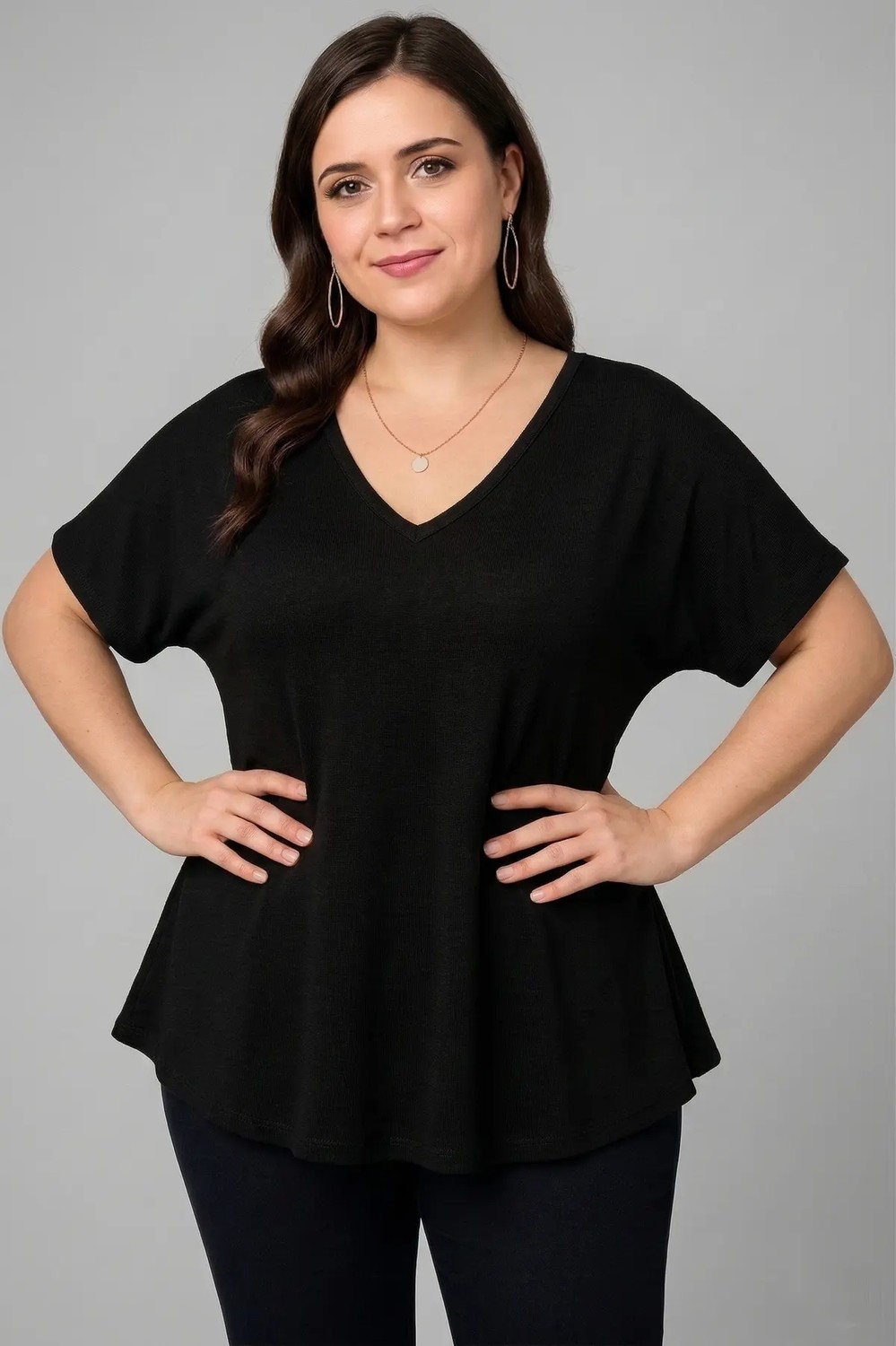Curvy Trend Büyük Beden V Yaka Kısa Kol Geniş Etekli Bluz