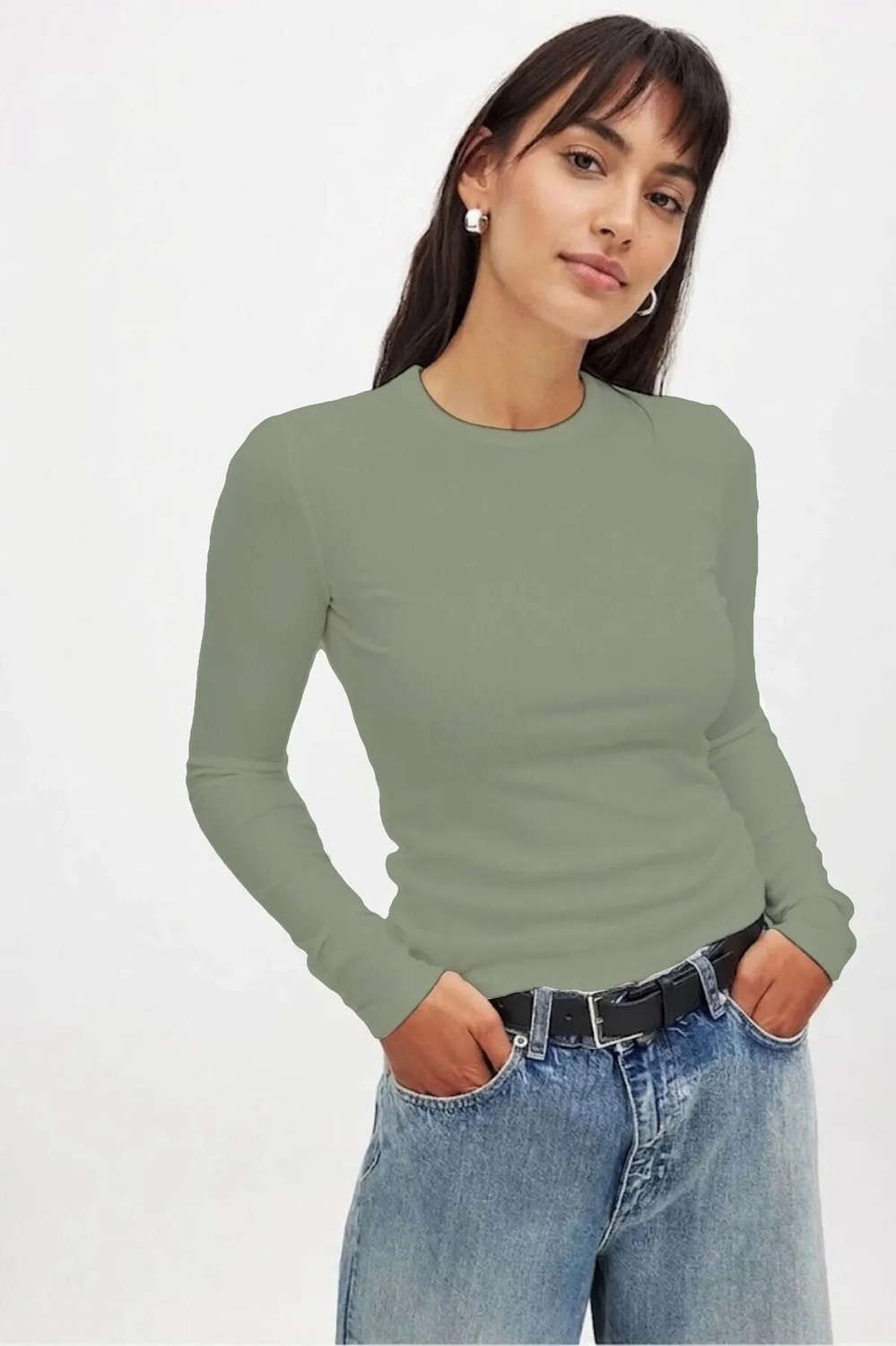 CHEISU Kadın Beyaz Uzun Kollu Bisiklet Yaka T-shirt Bluz Kaşkorse Fitilli