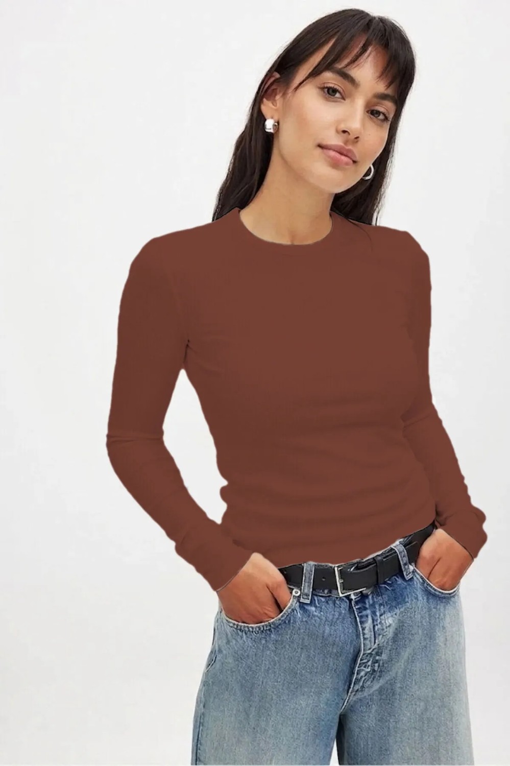 CHEISU Kadın Beyaz Uzun Kollu Bisiklet Yaka T-shirt Bluz Kaşkorse Fitilli