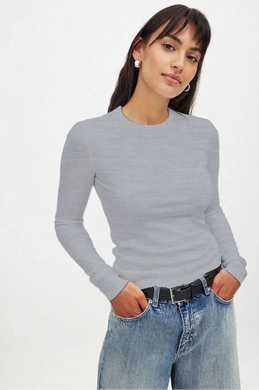 CHEISU Kadın Beyaz Uzun Kollu Bisiklet Yaka T-shirt Bluz Kaşkorse Fitilli
