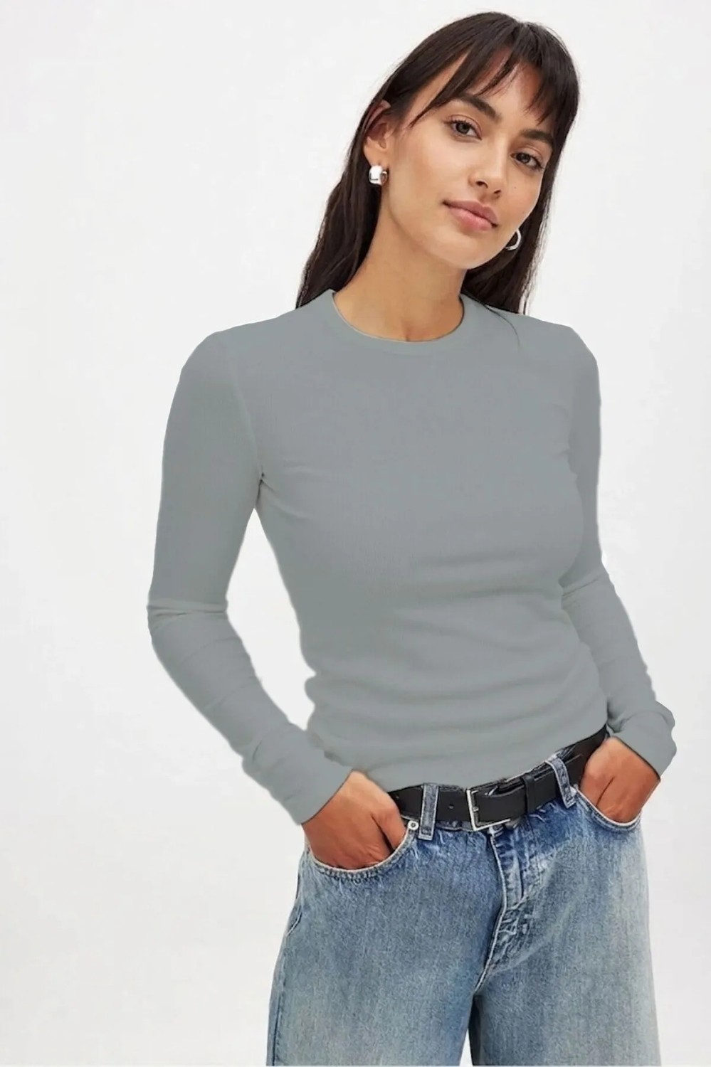 CHEISU Kadın Beyaz Uzun Kollu Bisiklet Yaka T-shirt Bluz Kaşkorse Fitilli
