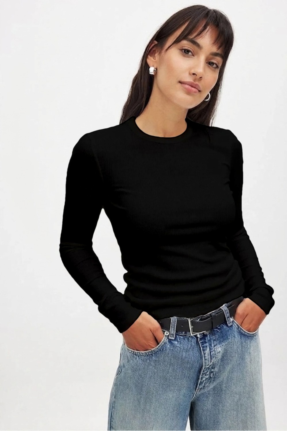 CHEISU Kadın Beyaz Uzun Kollu Bisiklet Yaka T-shirt Bluz Kaşkorse Fitilli