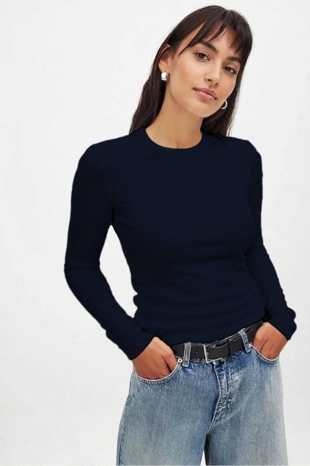 CHEISU Kadın Beyaz Uzun Kollu Bisiklet Yaka T-shirt Bluz Kaşkorse Fitilli