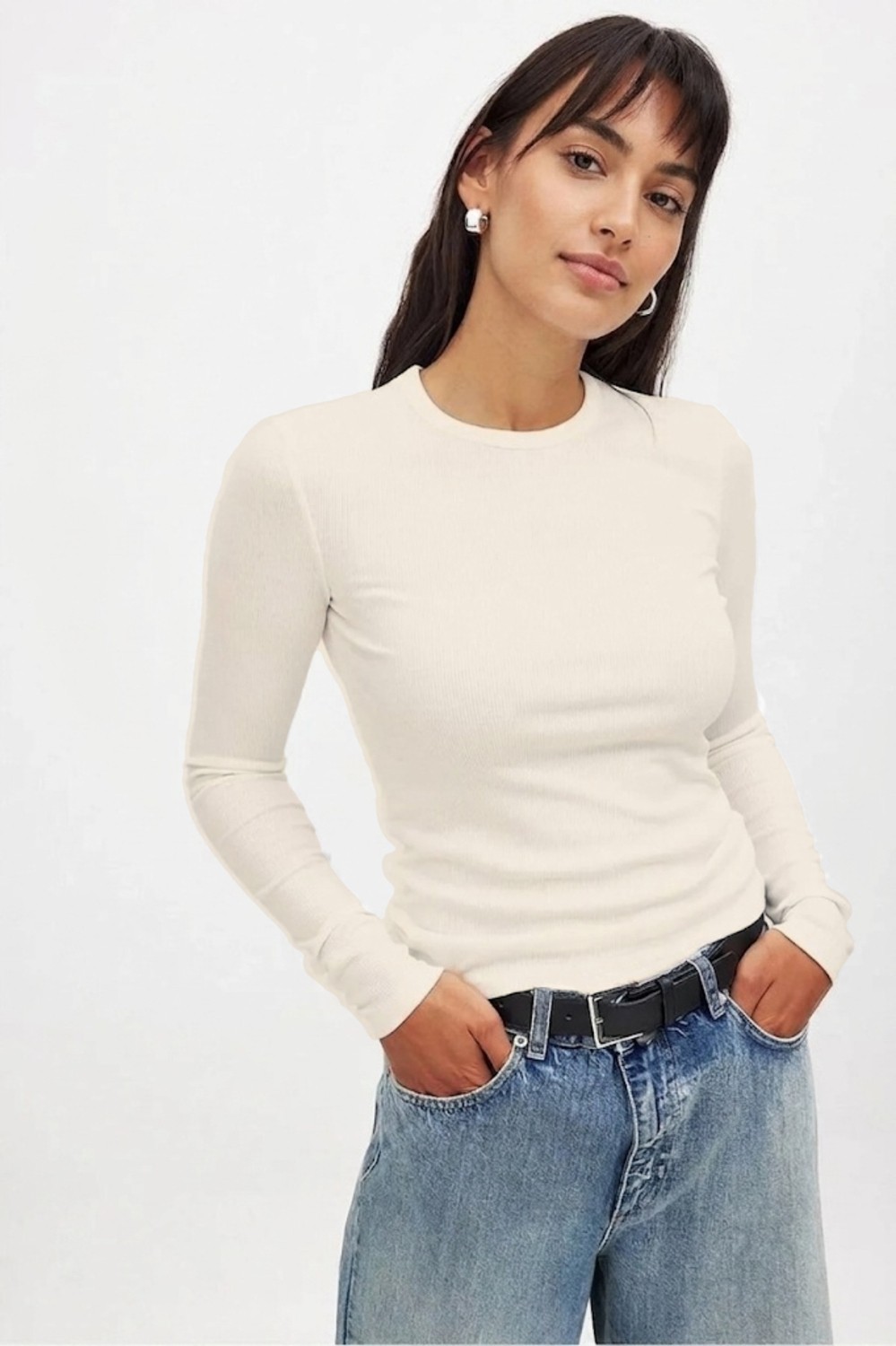 CHEISU Kadın Beyaz Uzun Kollu Bisiklet Yaka T-shirt Bluz Kaşkorse Fitilli
