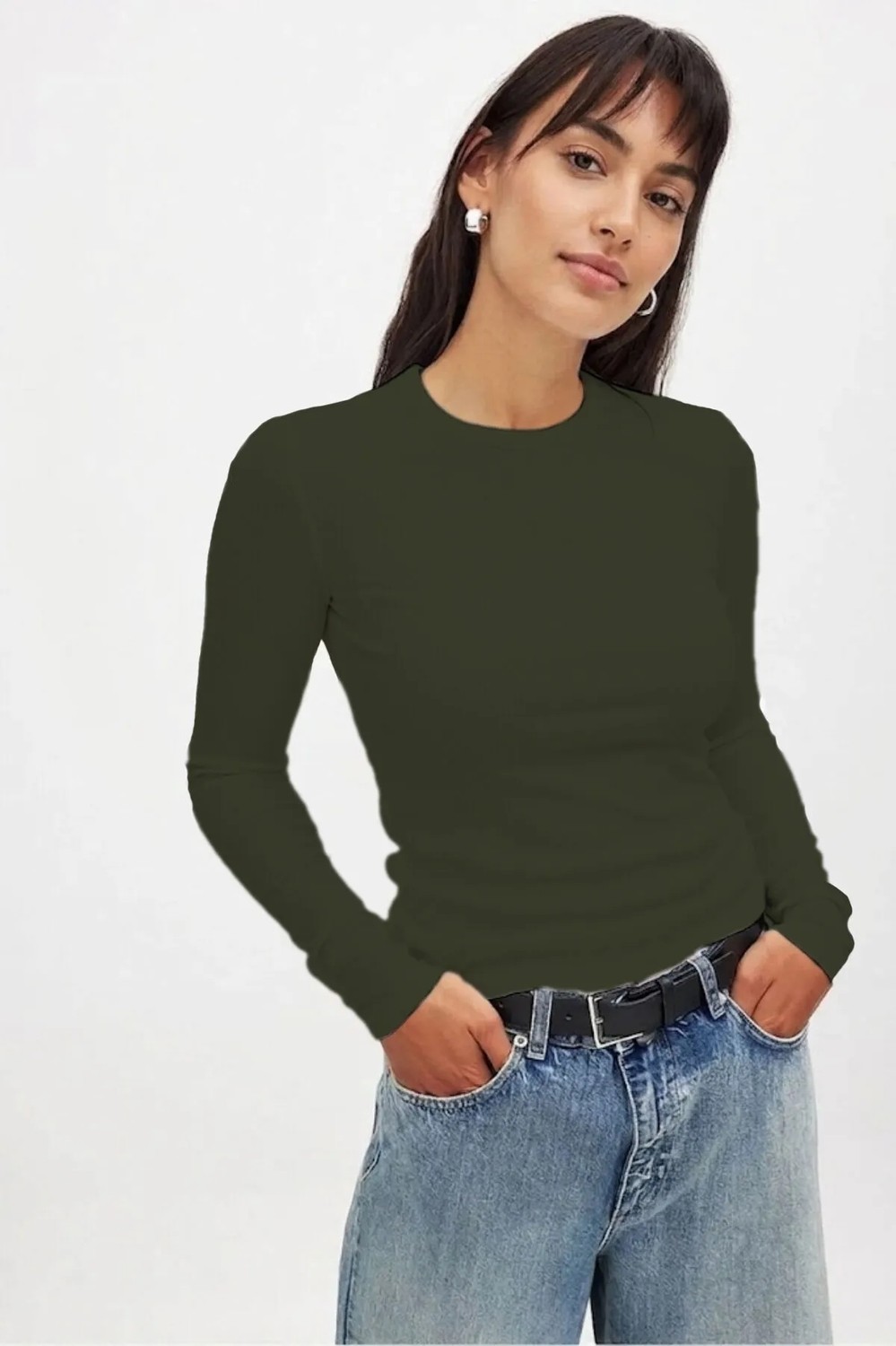CHEISU Kadın Beyaz Uzun Kollu Bisiklet Yaka T-shirt Bluz Kaşkorse Fitilli