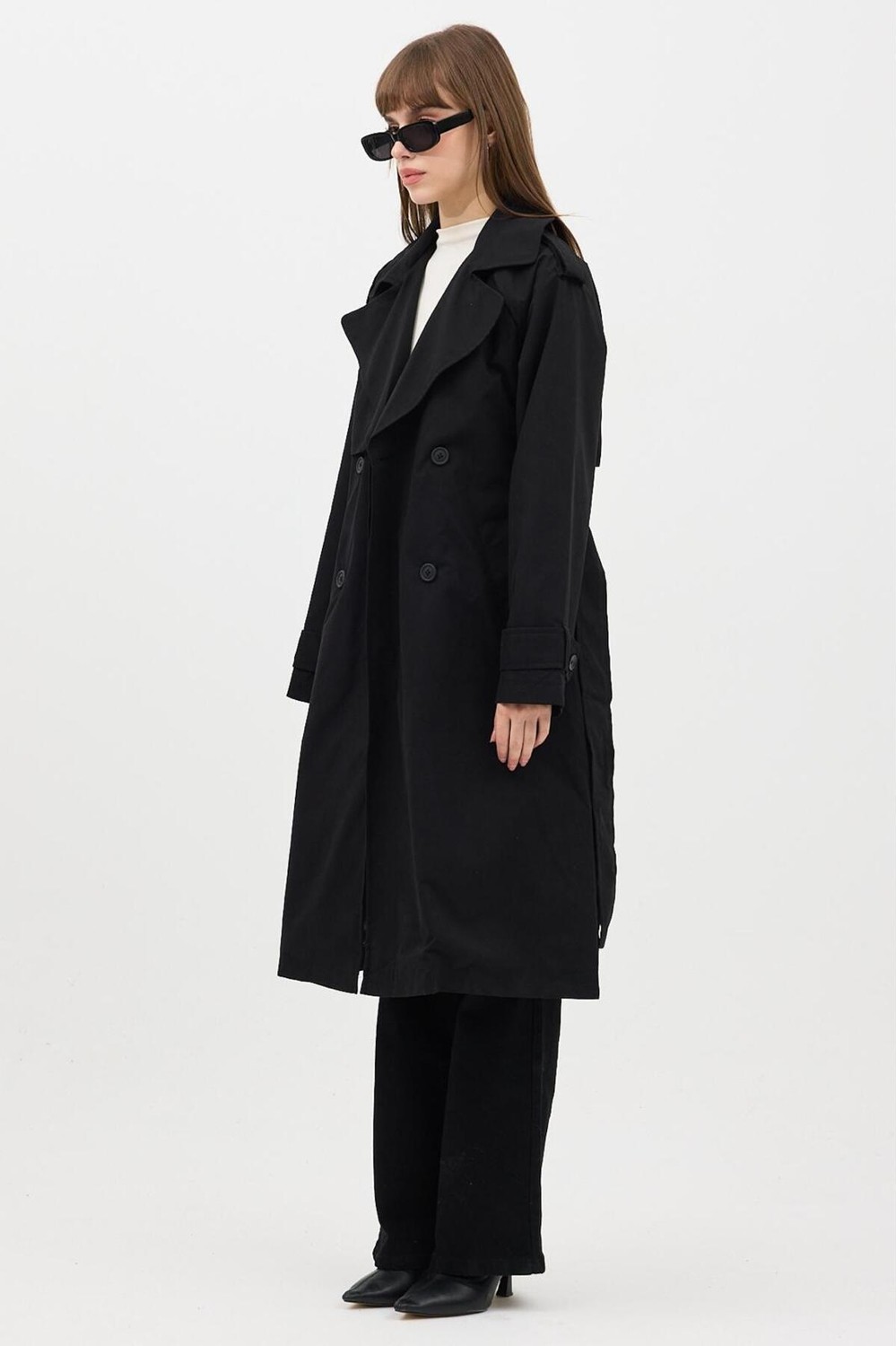 Ressho Kadın Kemerli Uzun Trençkot, Su Geçirmez, Astarlı, Oversize Model görsel 7