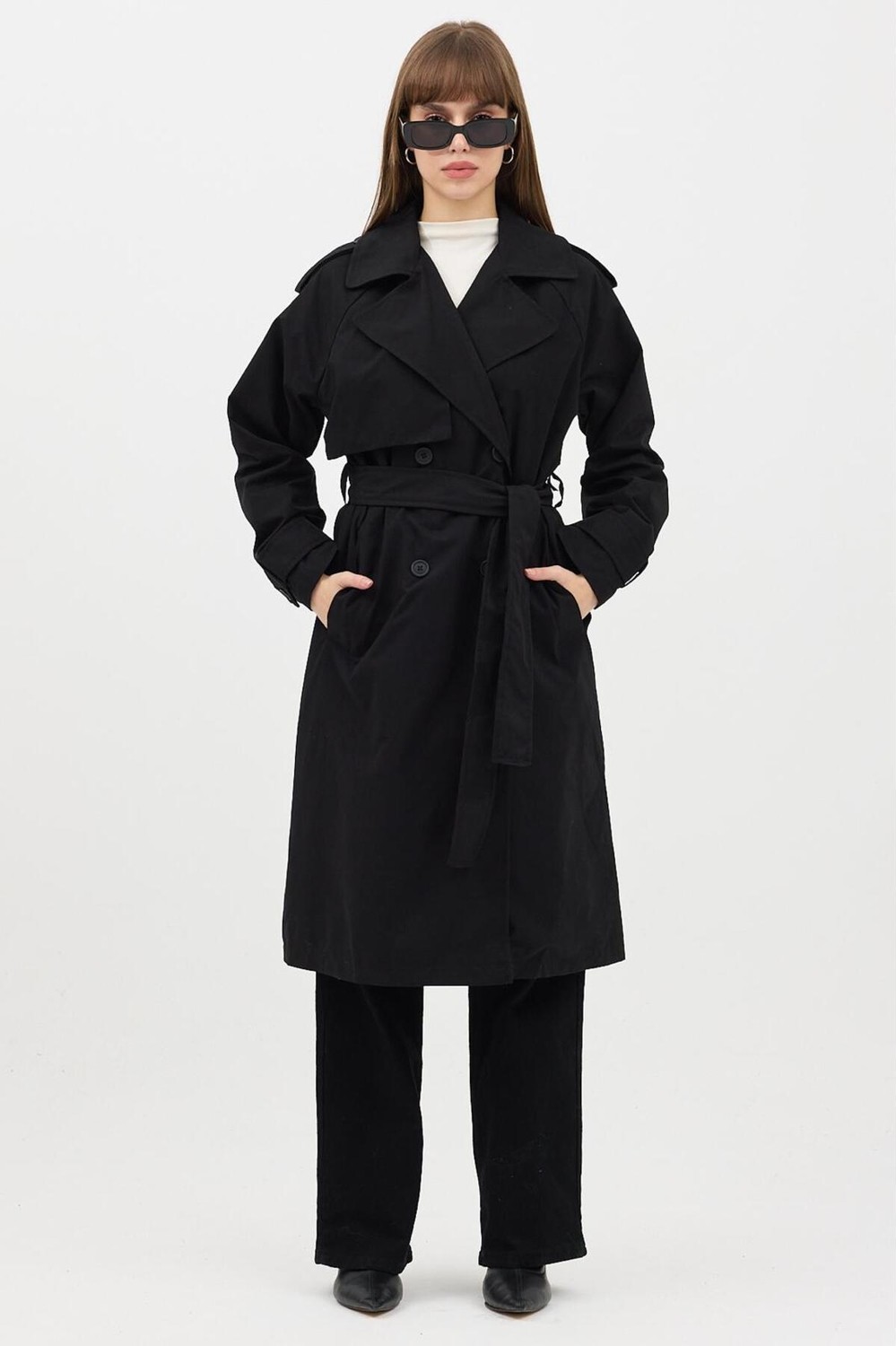 Ressho Kadın Kemerli Uzun Trençkot, Su Geçirmez, Astarlı, Oversize Model görsel 8