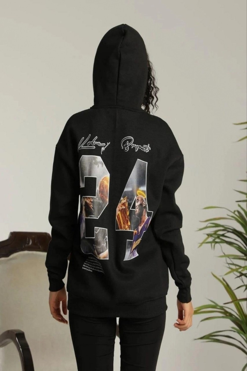 Hace Bazaar Baskılı Oversize Üç Iplik Kapüşonlu Sweatshirt - Siyah