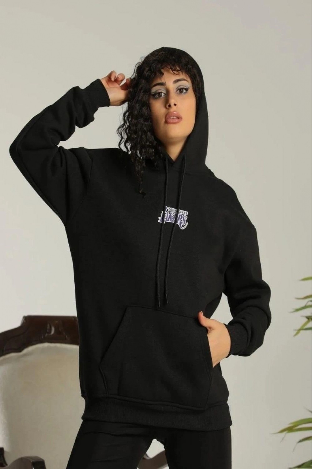 Hace Bazaar Baskılı Oversize Üç Iplik Kapüşonlu Sweatshirt - Siyah görsel 2