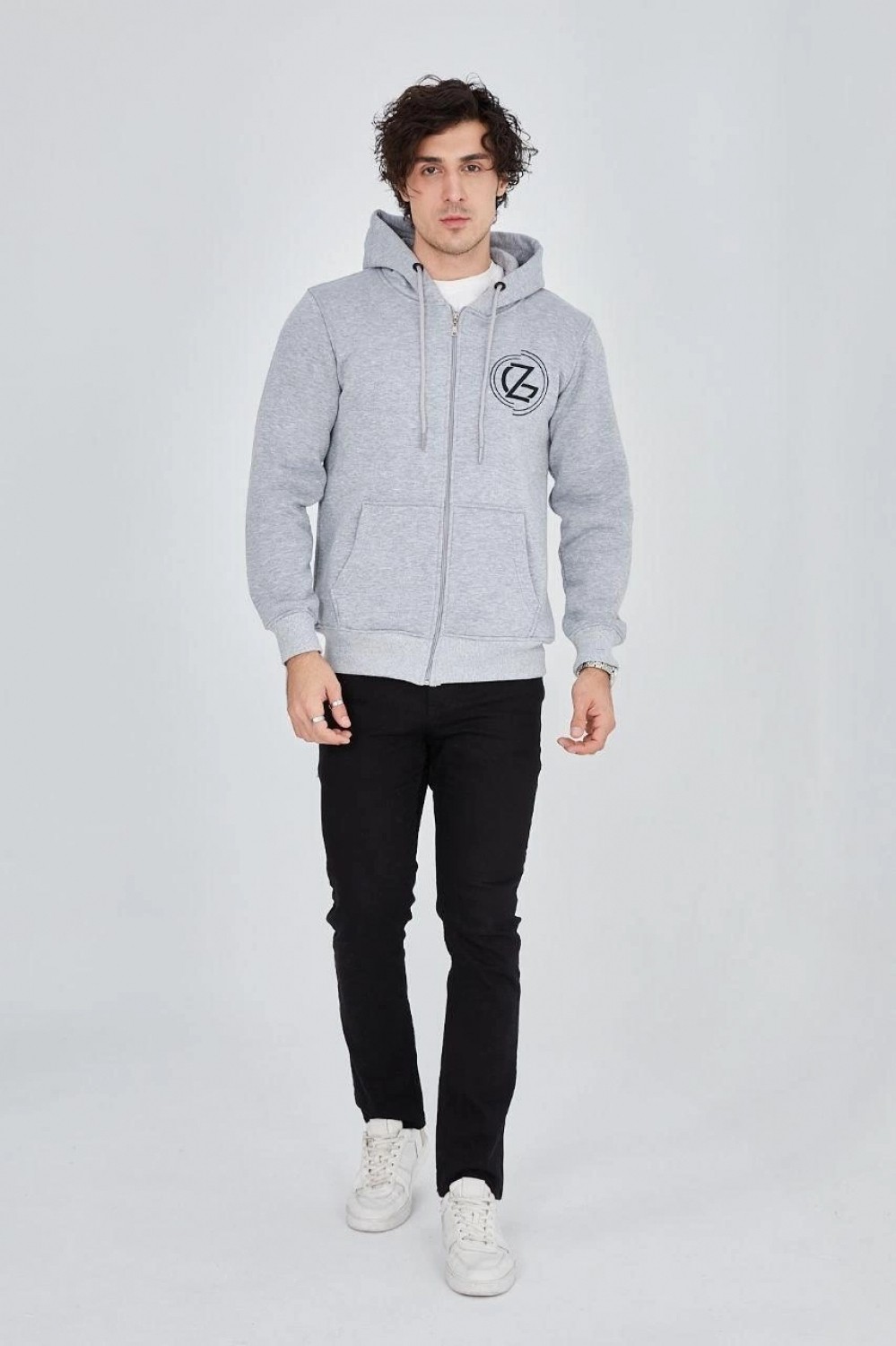 Hace Bazaar Erkek 3 Iplik Pamuklu Fermuarlı Kapüşonlu Kanguru Cepli Baskılı Hoodie Hırka Sweatshirt -Gri görsel 5
