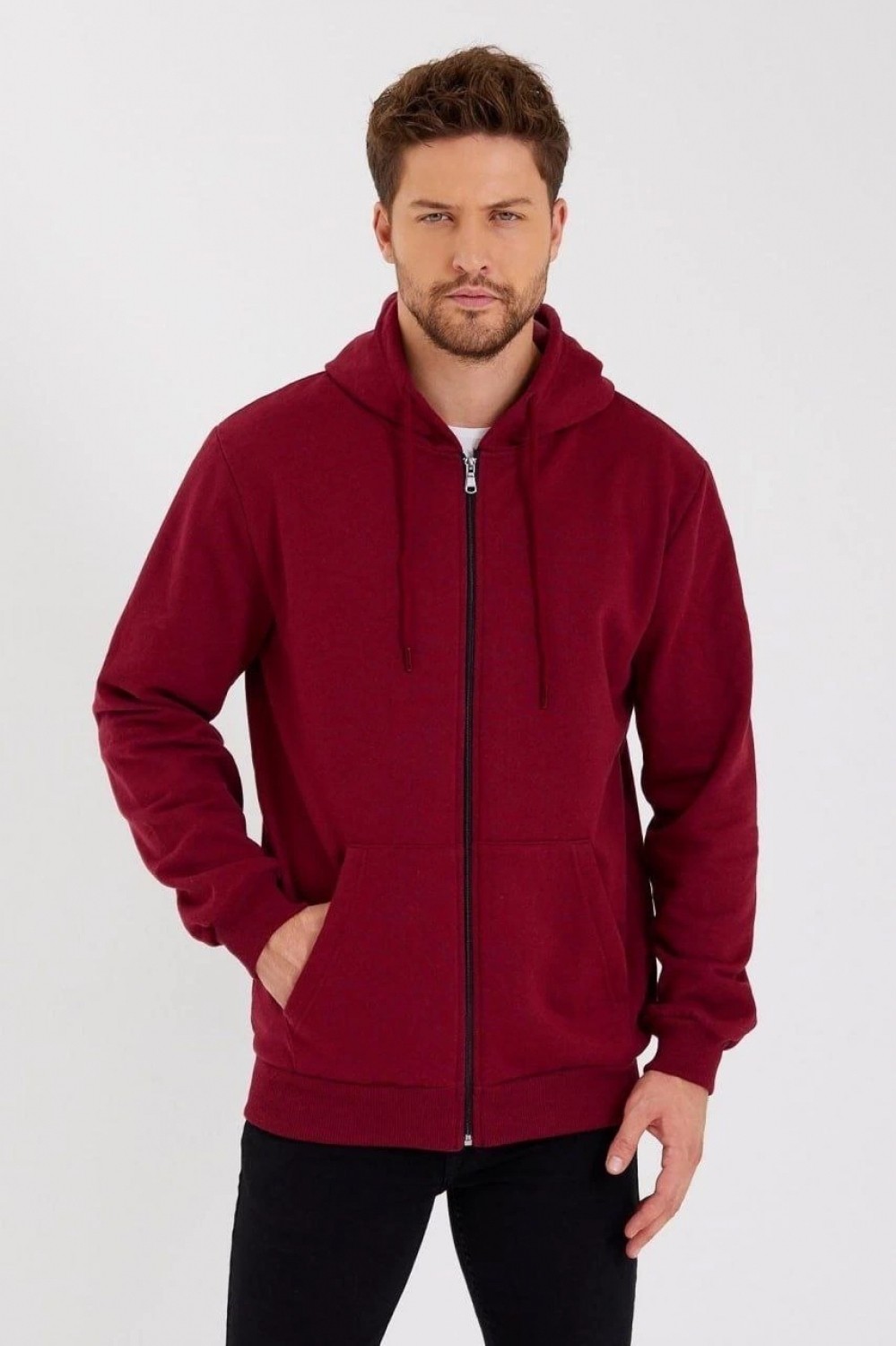 Hace Bazaar Erkek 3 Iplik Pamuklu Tam Fermuarlı Kapüşonlu Kanguru Cepli Düz Hoodie Sweatshirt - Bordo