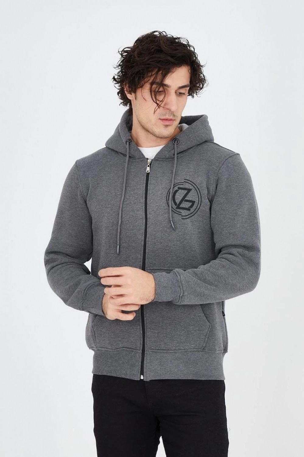 Hace Bazaar Erkek 3 Iplik Pamuklu Fermuarlı Kapüşonlu Kanguru Cepli Baskılı Hoodie Hırka Sweatshirt - Füme