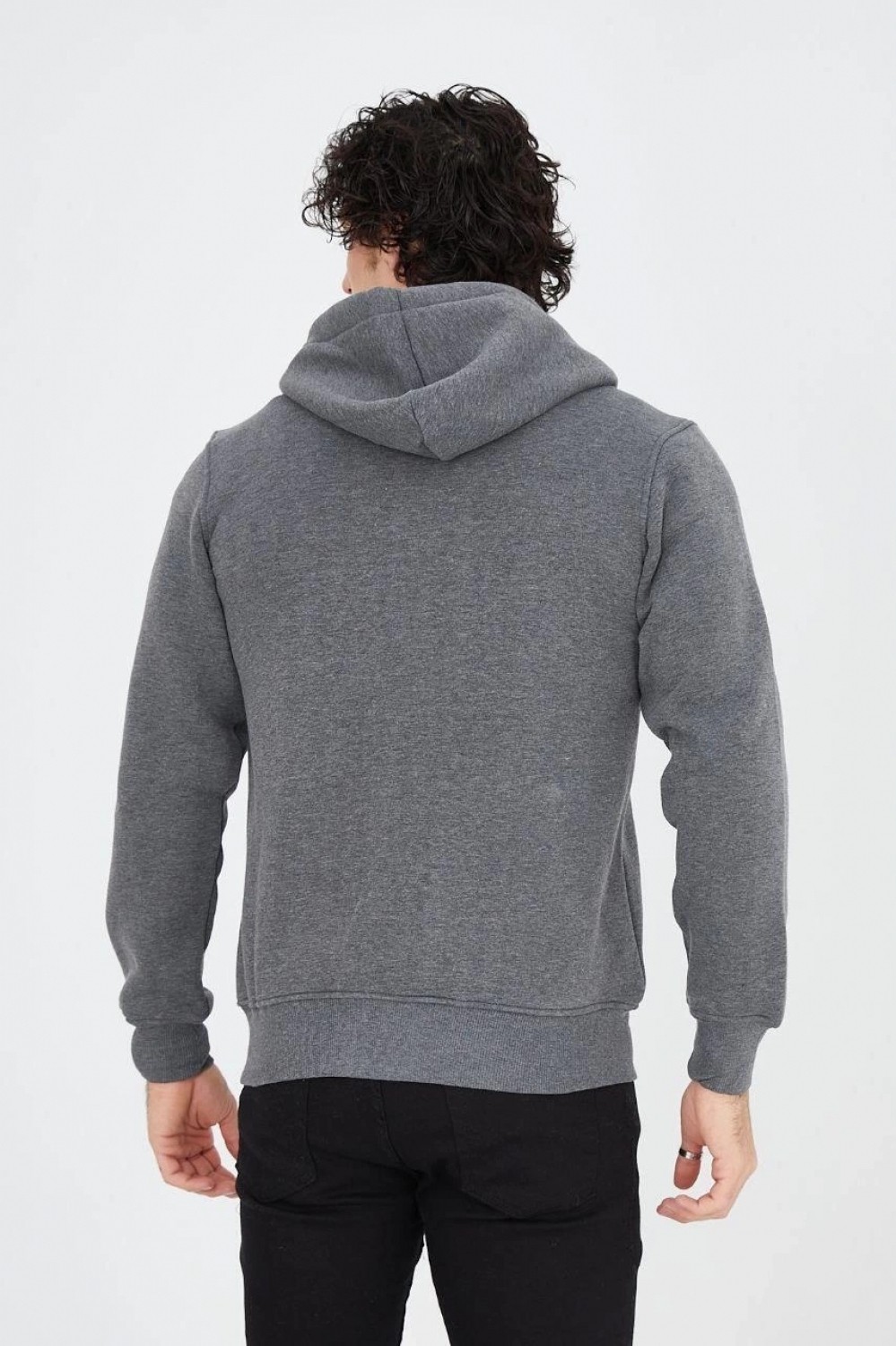 Hace Bazaar Erkek 3 Iplik Pamuklu Fermuarlı Kapüşonlu Kanguru Cepli Baskılı Hoodie Hırka Sweatshirt - Füme görsel 5