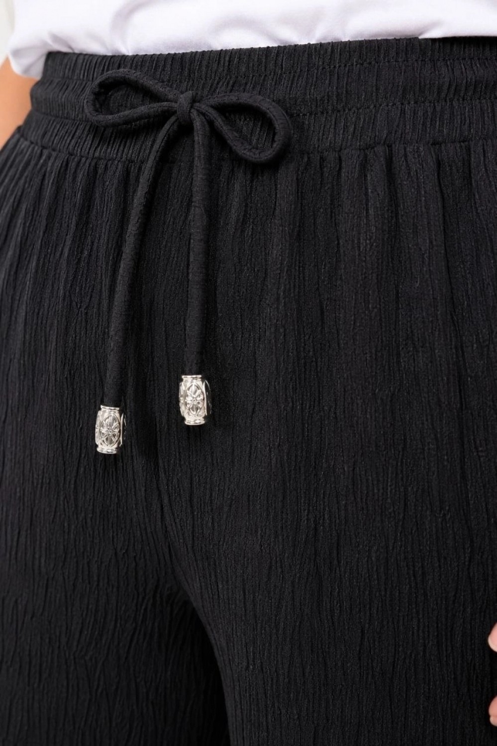 Hace Bazaar Kadın Battal Beden Bürümcük Kumaş Beli Lastikli Bağcıklı Bol Paça Palazzo Pantolon - Siyah görsel 2