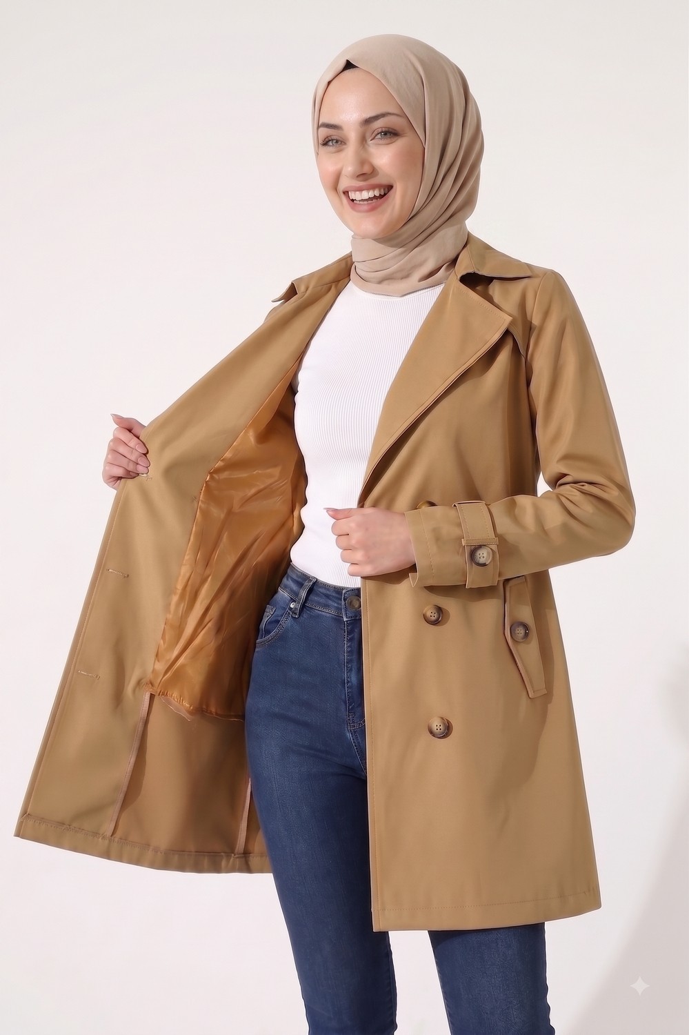 B.HE.Z Kadın Degaje Yaka Yarım Boy Tesettür Astarlı Kemerli Su Itici Kumaş Trençkot görsel 4