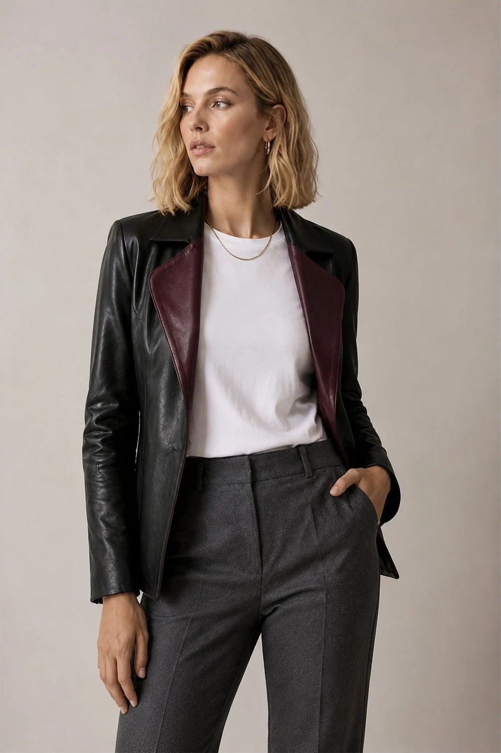 Deriderim Liora Kadın Çift Taraflı Bordo Siyah Hakiki Deri Blazer Ceket