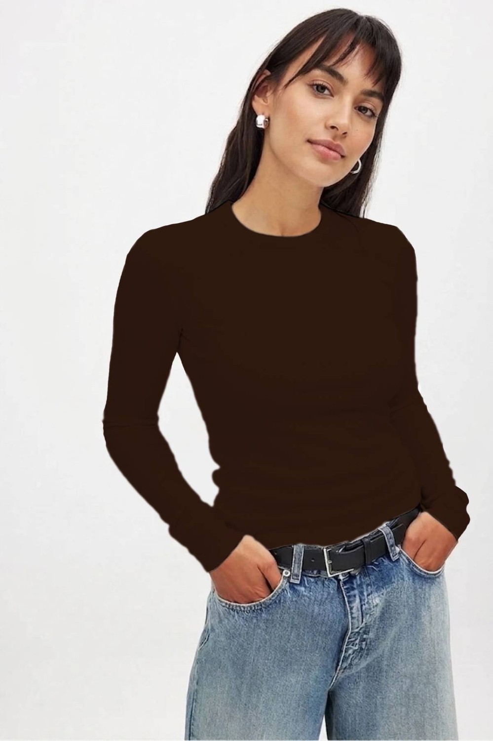 CHEISU Kadın Beyaz Uzun Kollu Bisiklet Yaka T-shirt Bluz Kaşkorse Fitilli
